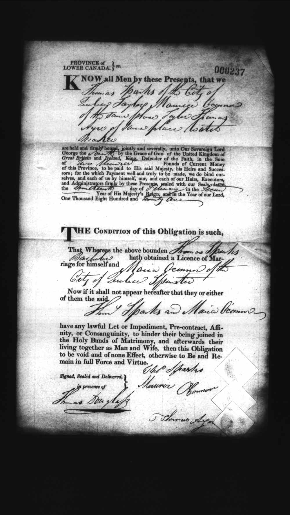 Digitized page of Upper and Lower Canada Marriage Bonds (1779-1865) for Image No.: e008236095