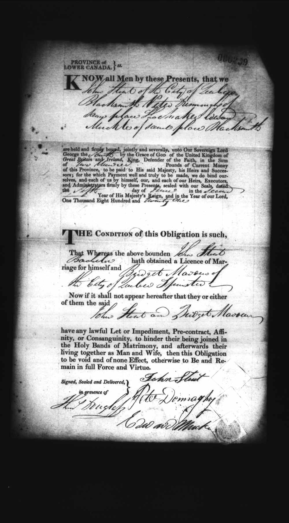 Digitized page of Upper and Lower Canada Marriage Bonds (1779-1865) for Image No.: e008236098
