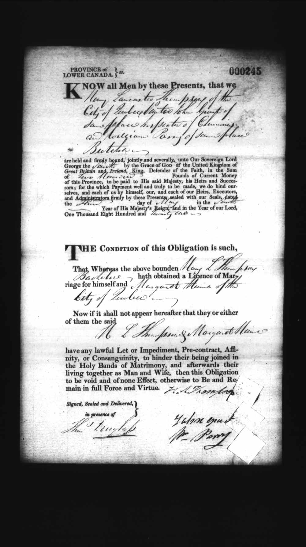 Digitized page of Upper and Lower Canada Marriage Bonds (1779-1865) for Image No.: e008236106