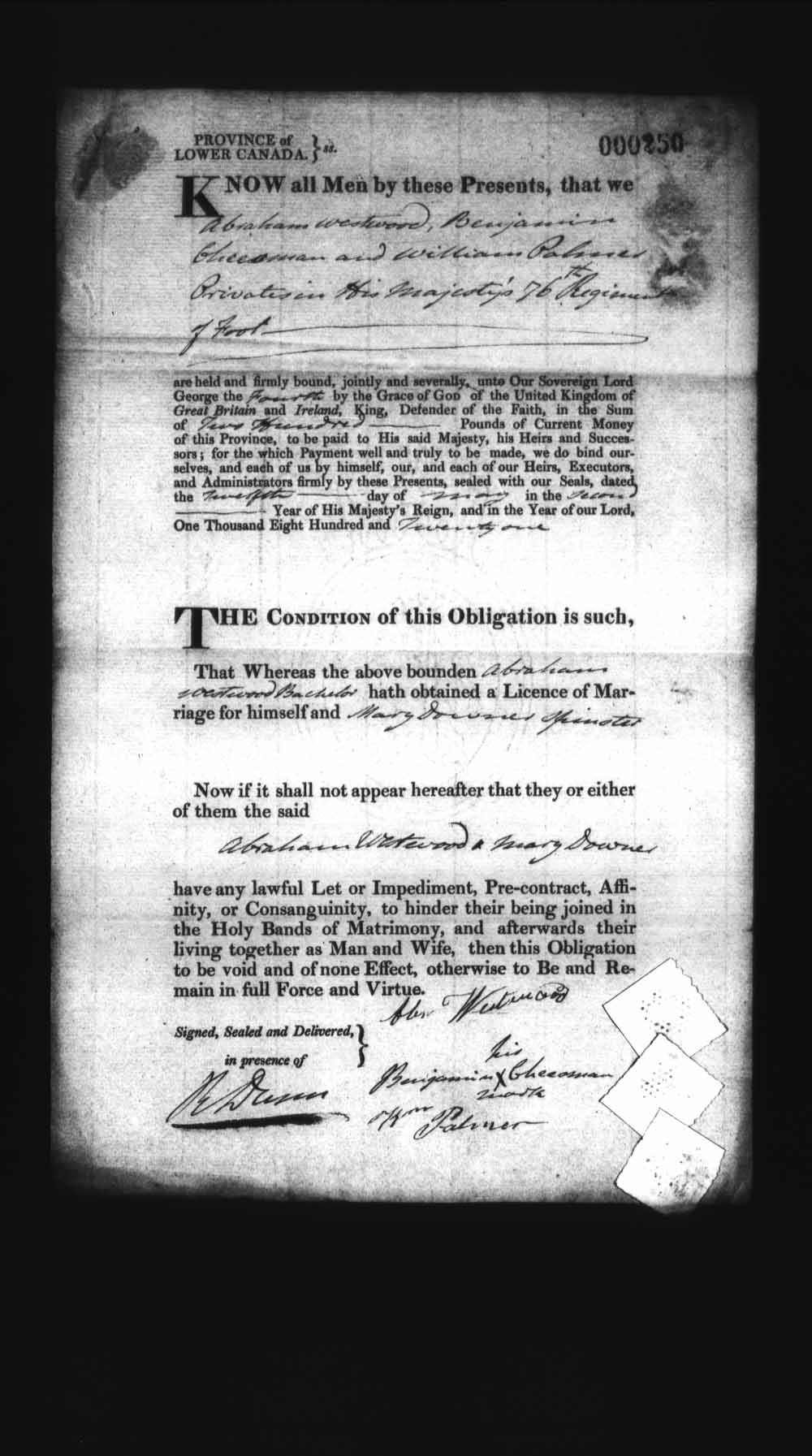 Digitized page of Upper and Lower Canada Marriage Bonds (1779-1865) for Image No.: e008236111