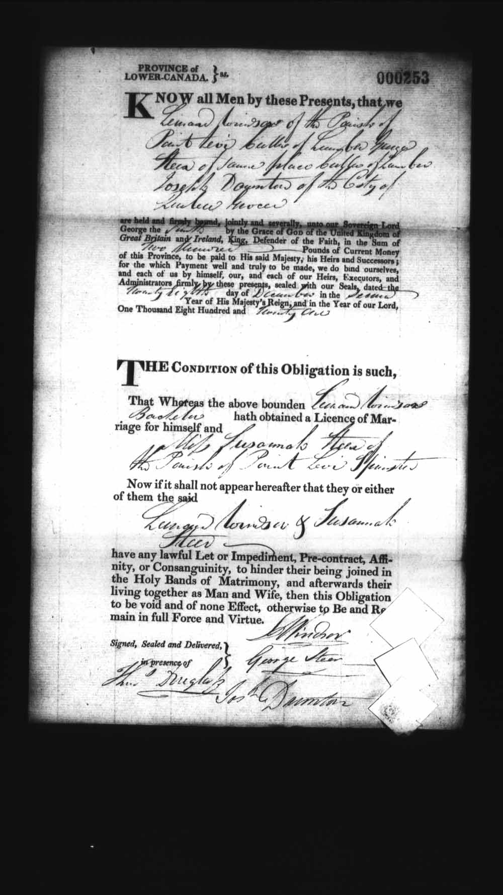 Digitized page of Upper and Lower Canada Marriage Bonds (1779-1865) for Image No.: e008236115