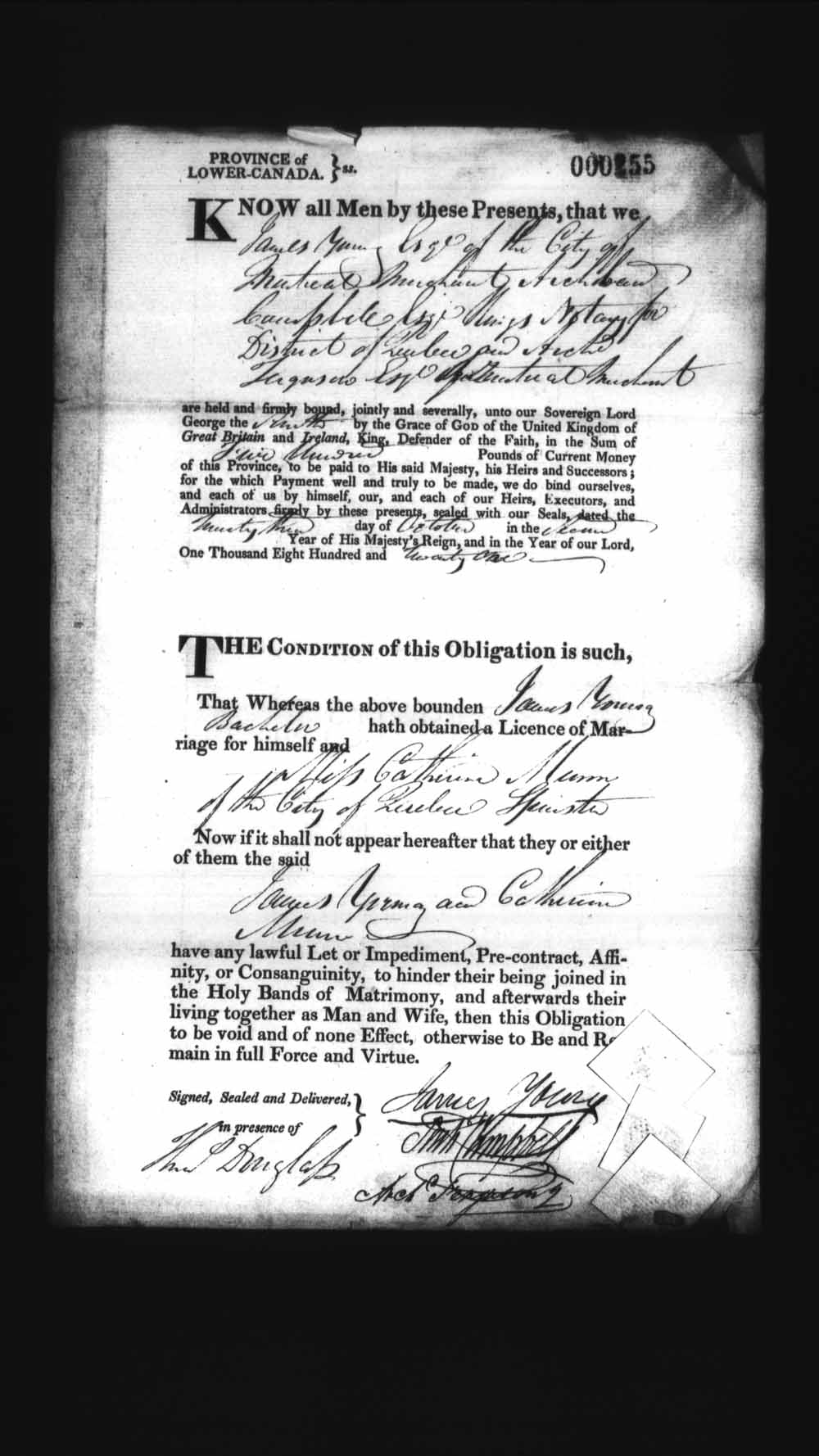 Digitized page of Upper and Lower Canada Marriage Bonds (1779-1865) for Image No.: e008236117