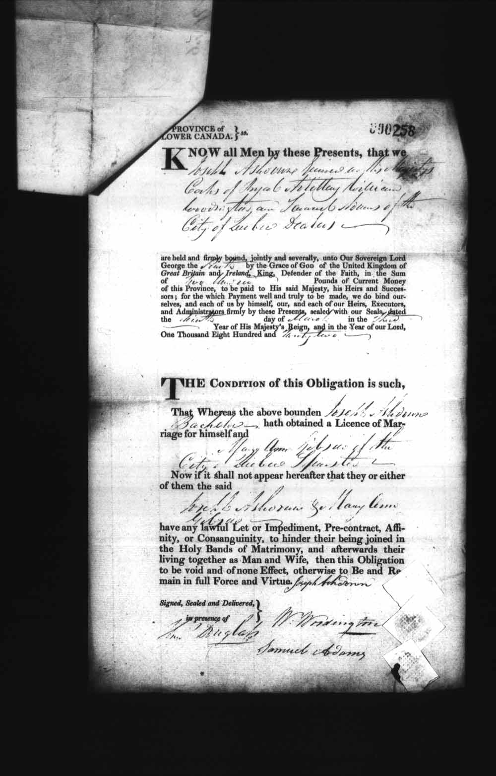 Digitized page of Upper and Lower Canada Marriage Bonds (1779-1865) for Image No.: e008236123