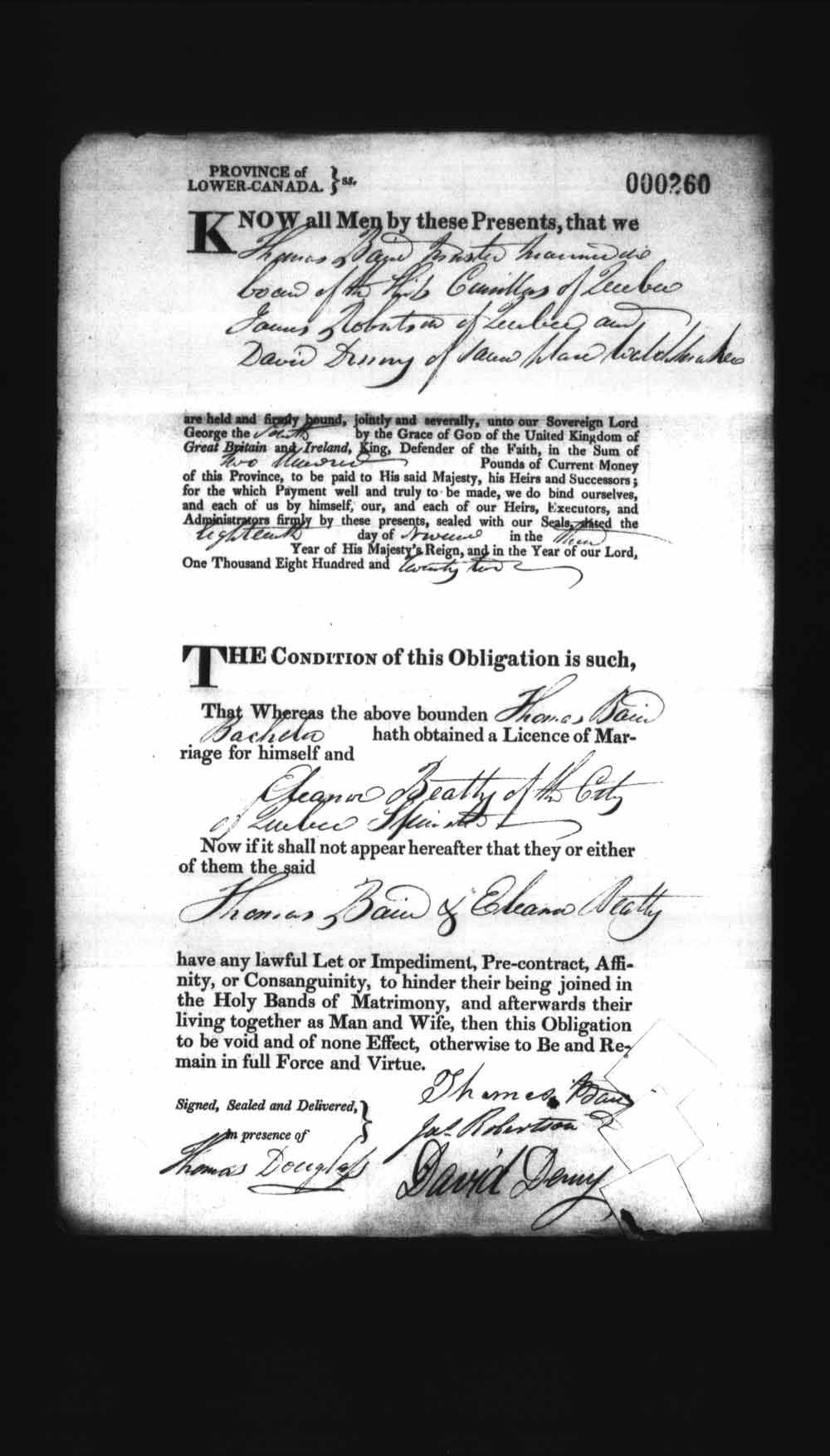 Digitized page of Upper and Lower Canada Marriage Bonds (1779-1865) for Image No.: e008236125