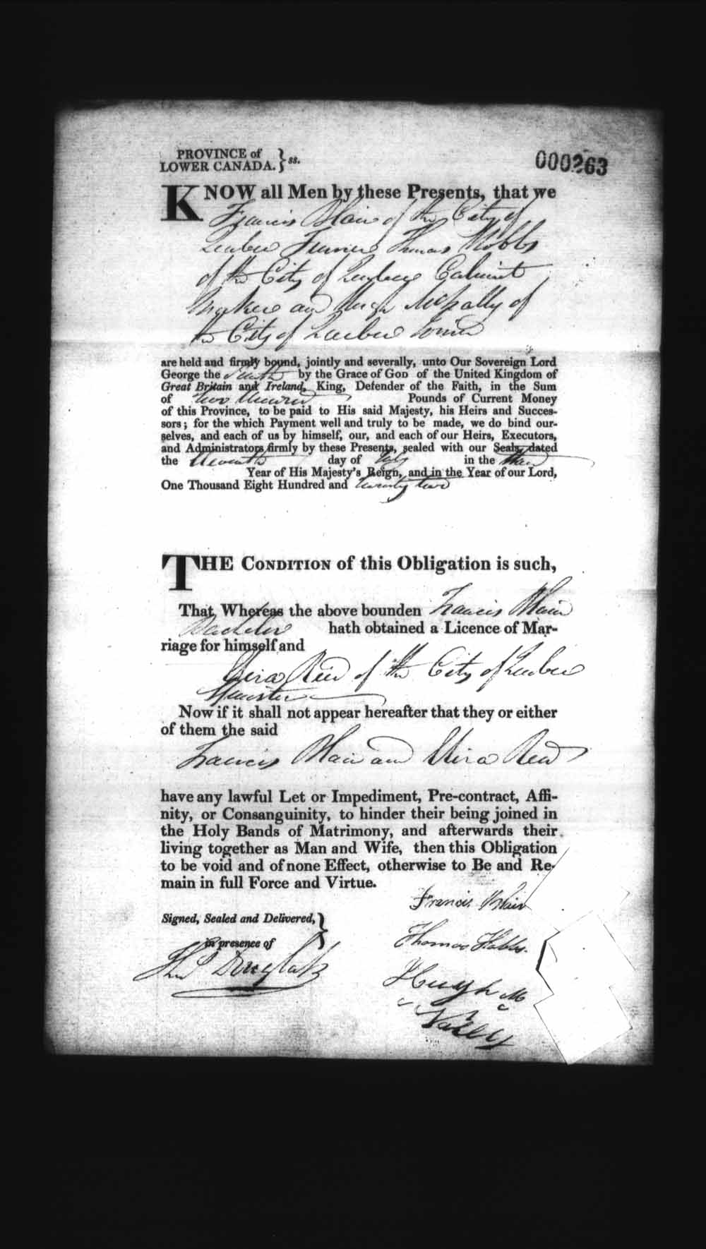 Page numérisé de Cautionnements de mariages pour le Haut-Canada et le Bas-Canada (1779-1865) pour l'image numéro: e008236128