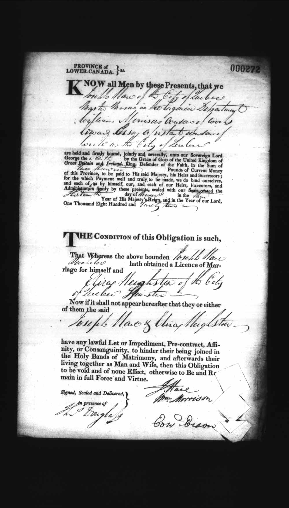 Digitized page of Upper and Lower Canada Marriage Bonds (1779-1865) for Image No.: e008236140