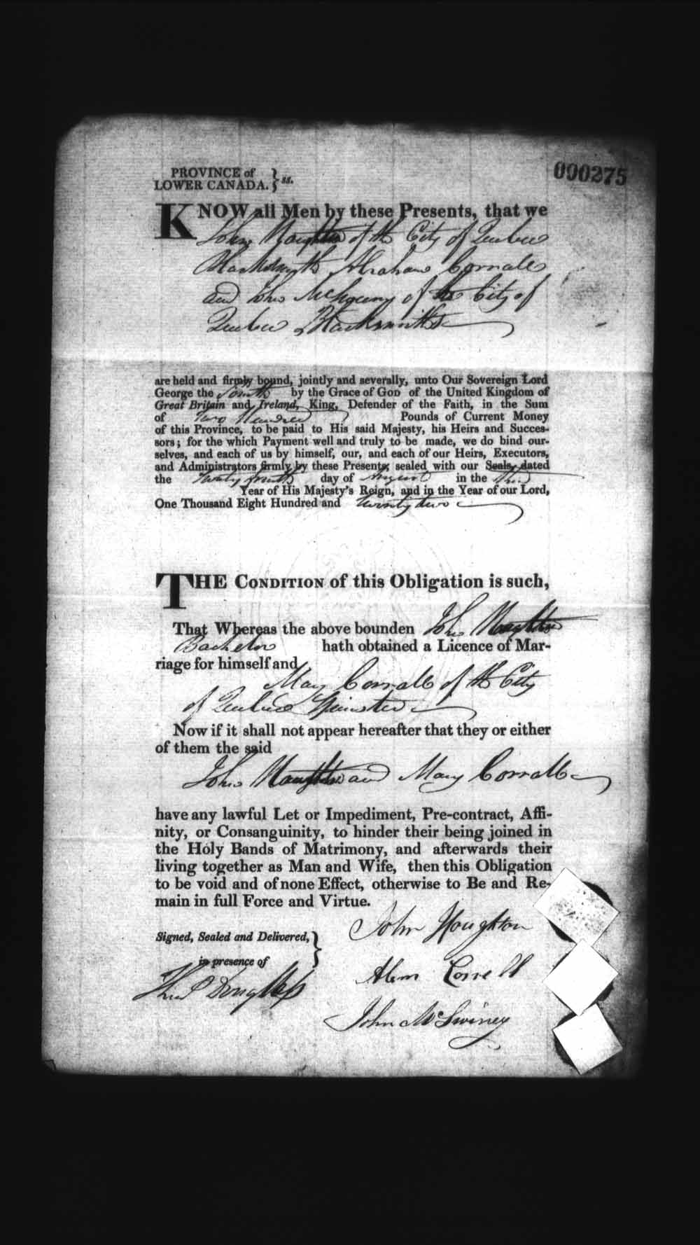 Digitized page of Upper and Lower Canada Marriage Bonds (1779-1865) for Image No.: e008236143