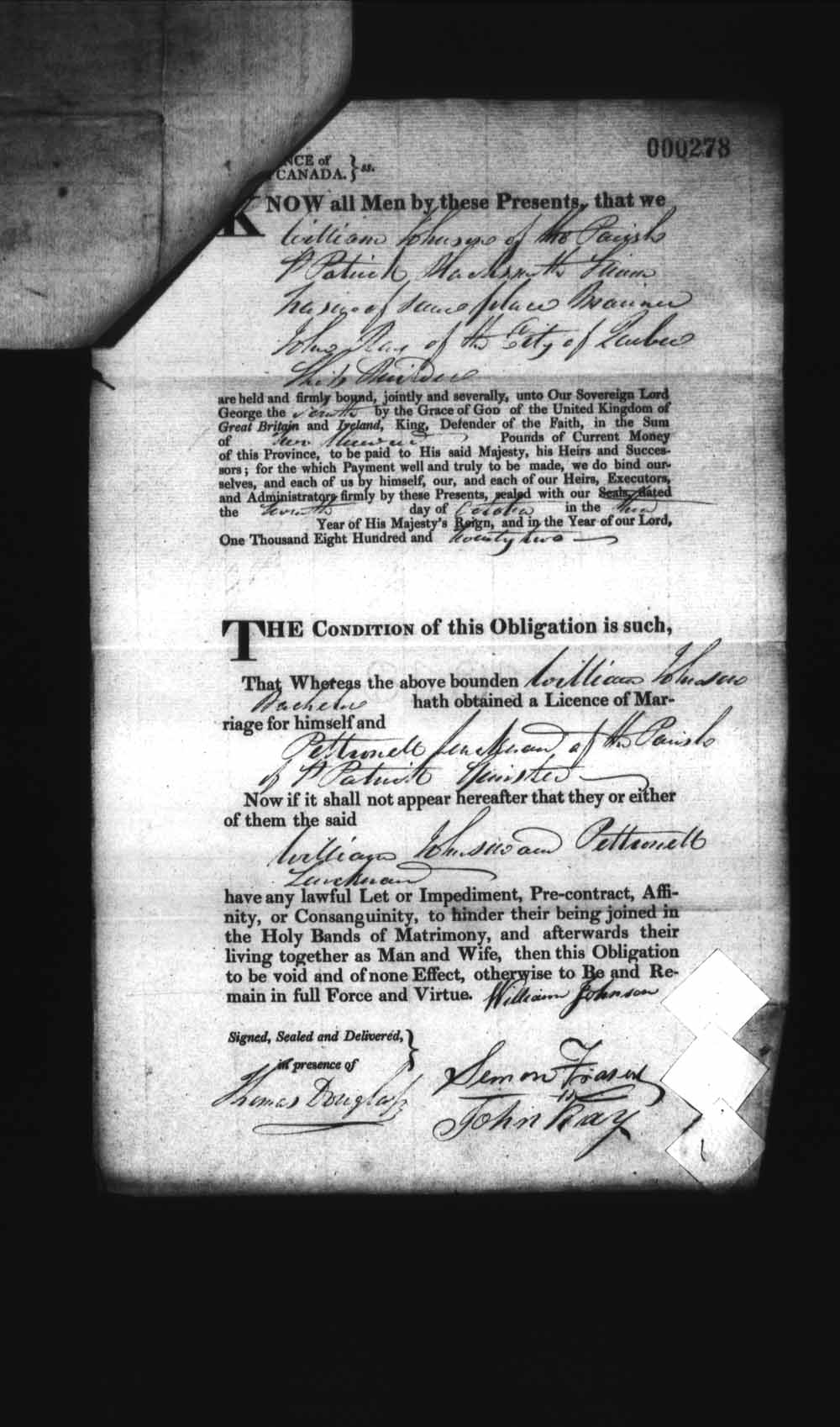 Digitized page of Upper and Lower Canada Marriage Bonds (1779-1865) for Image No.: e008236147