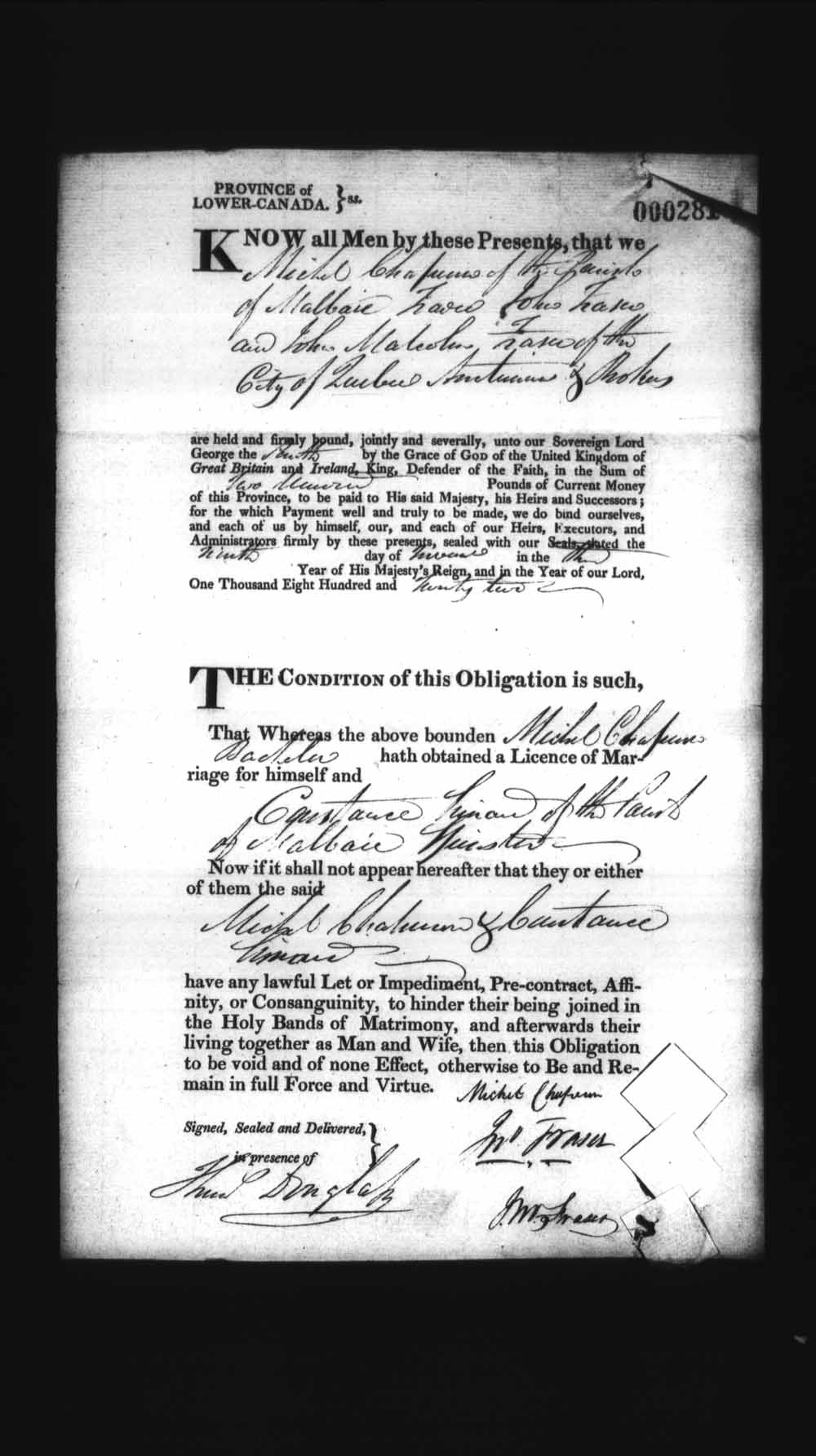 Page numérisé de Cautionnements de mariages pour le Haut-Canada et le Bas-Canada (1779-1865) pour l'image numéro: e008236150