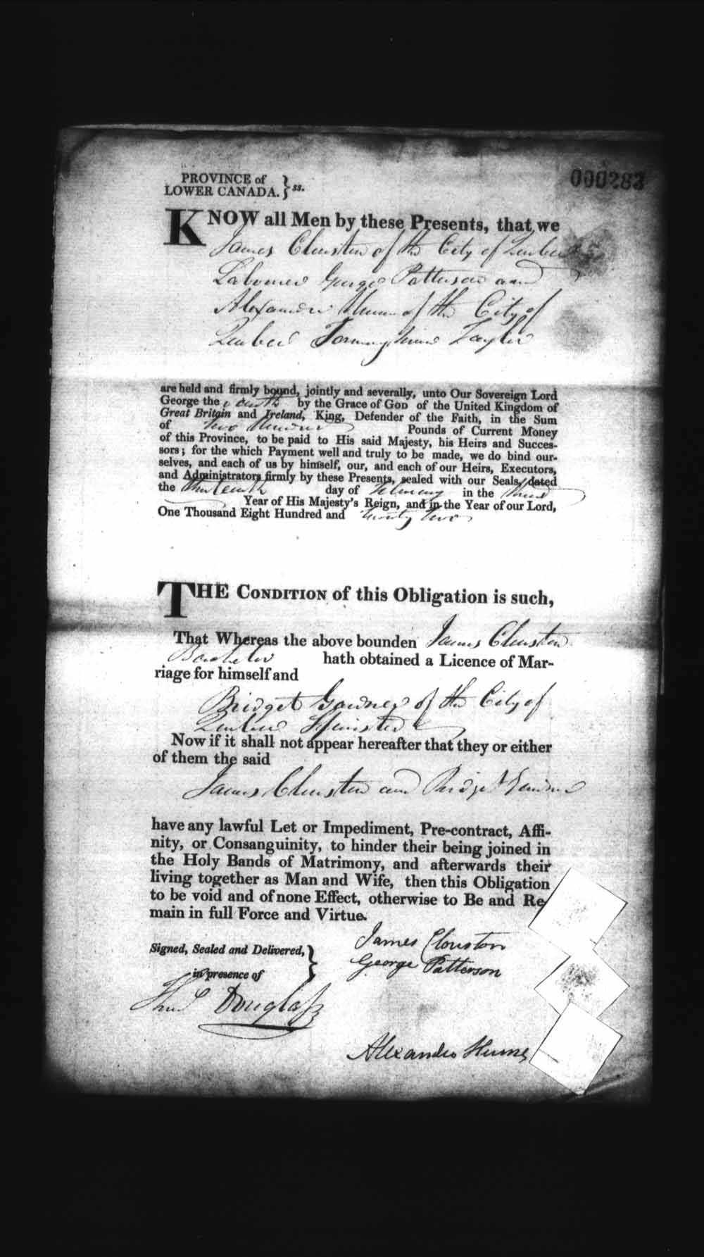Digitized page of Upper and Lower Canada Marriage Bonds (1779-1865) for Image No.: e008236152