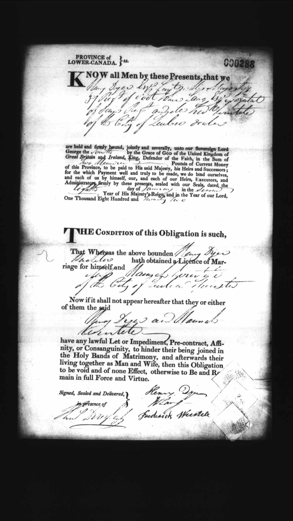 Digitized page of Upper and Lower Canada Marriage Bonds (1779-1865) for Image No.: e008236160