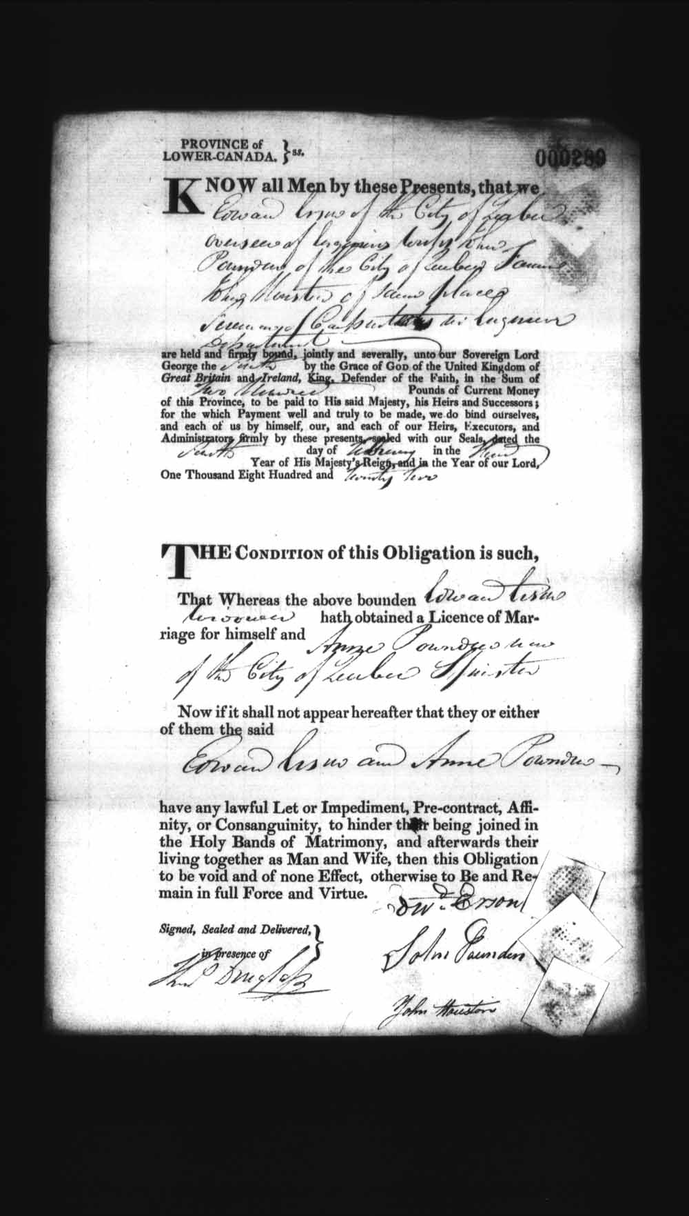 Digitized page of Upper and Lower Canada Marriage Bonds (1779-1865) for Image No.: e008236161