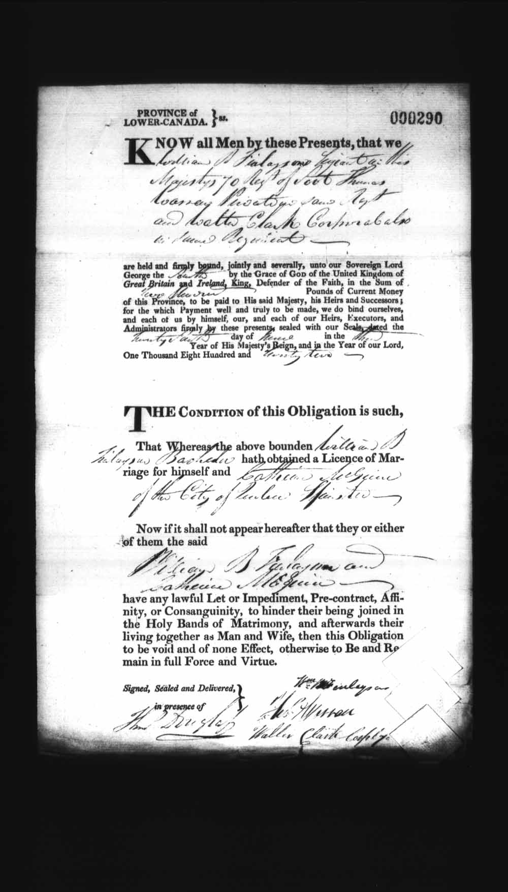Digitized page of Upper and Lower Canada Marriage Bonds (1779-1865) for Image No.: e008236162