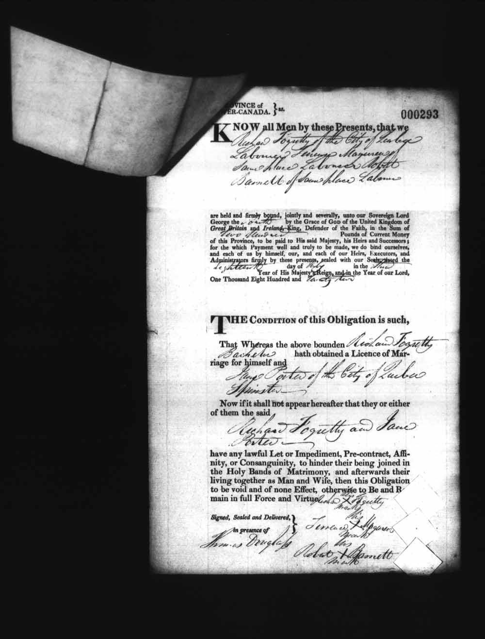 Digitized page of Upper and Lower Canada Marriage Bonds (1779-1865) for Image No.: e008236168