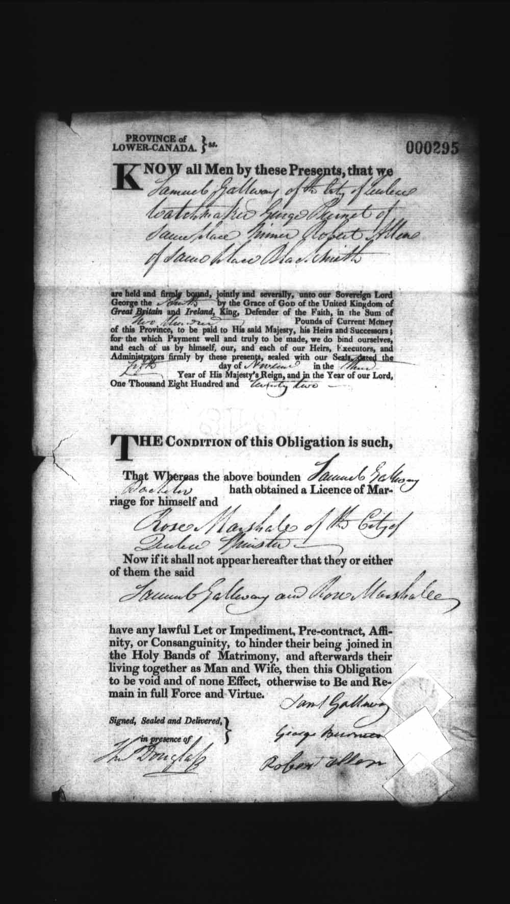 Digitized page of Upper and Lower Canada Marriage Bonds (1779-1865) for Image No.: e008236170