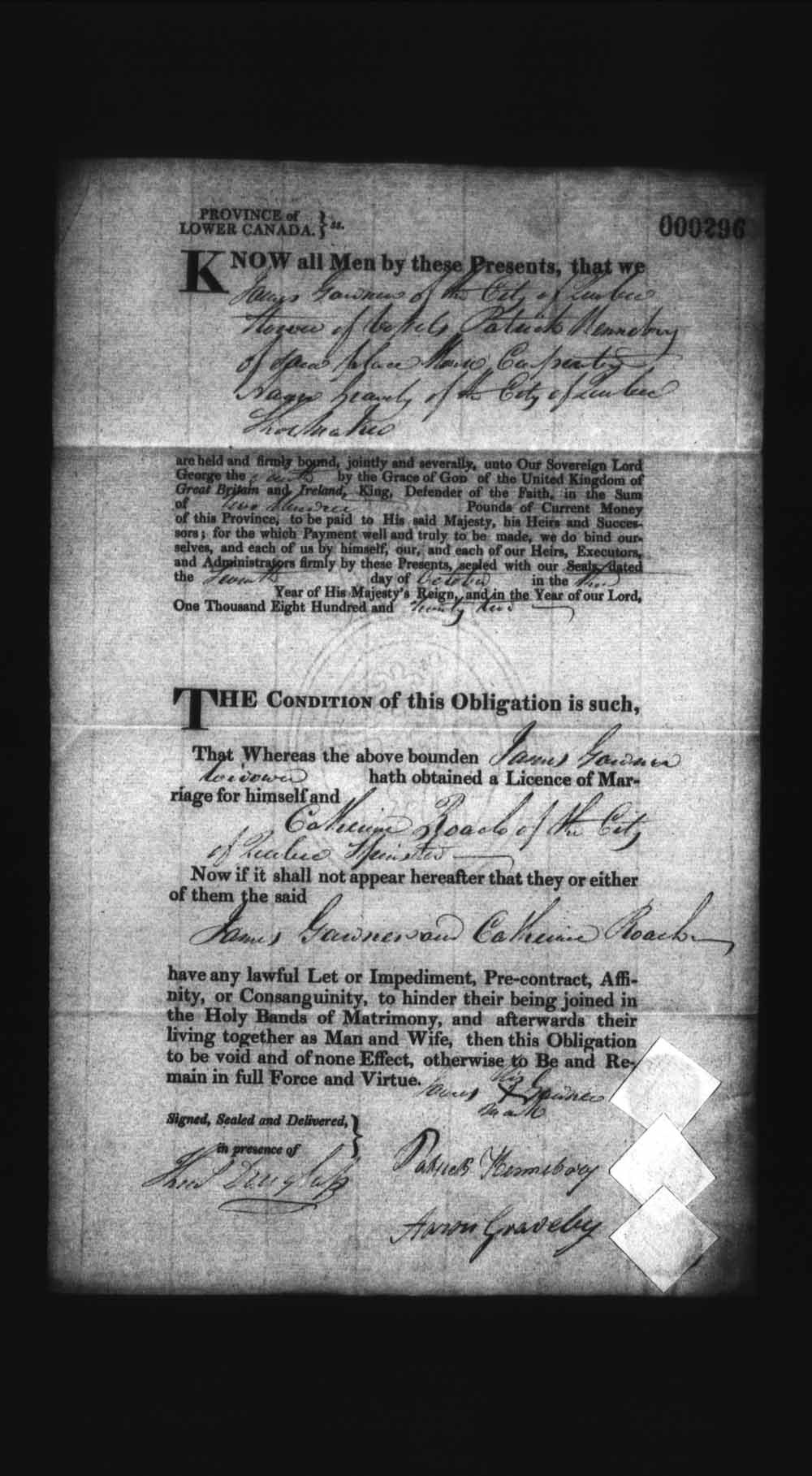 Digitized page of Upper and Lower Canada Marriage Bonds (1779-1865) for Image No.: e008236171