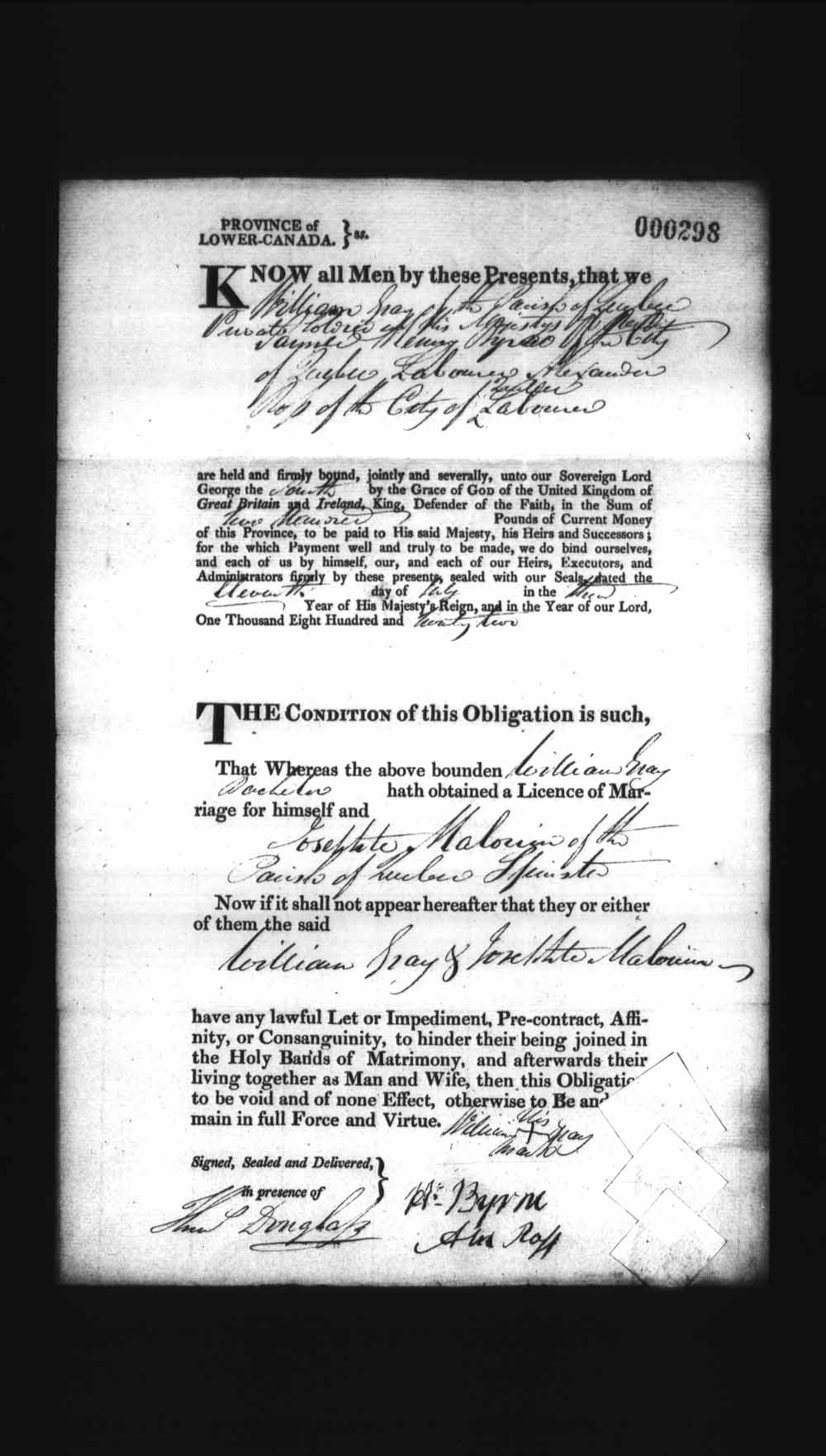 Digitized page of Upper and Lower Canada Marriage Bonds (1779-1865) for Image No.: e008236173