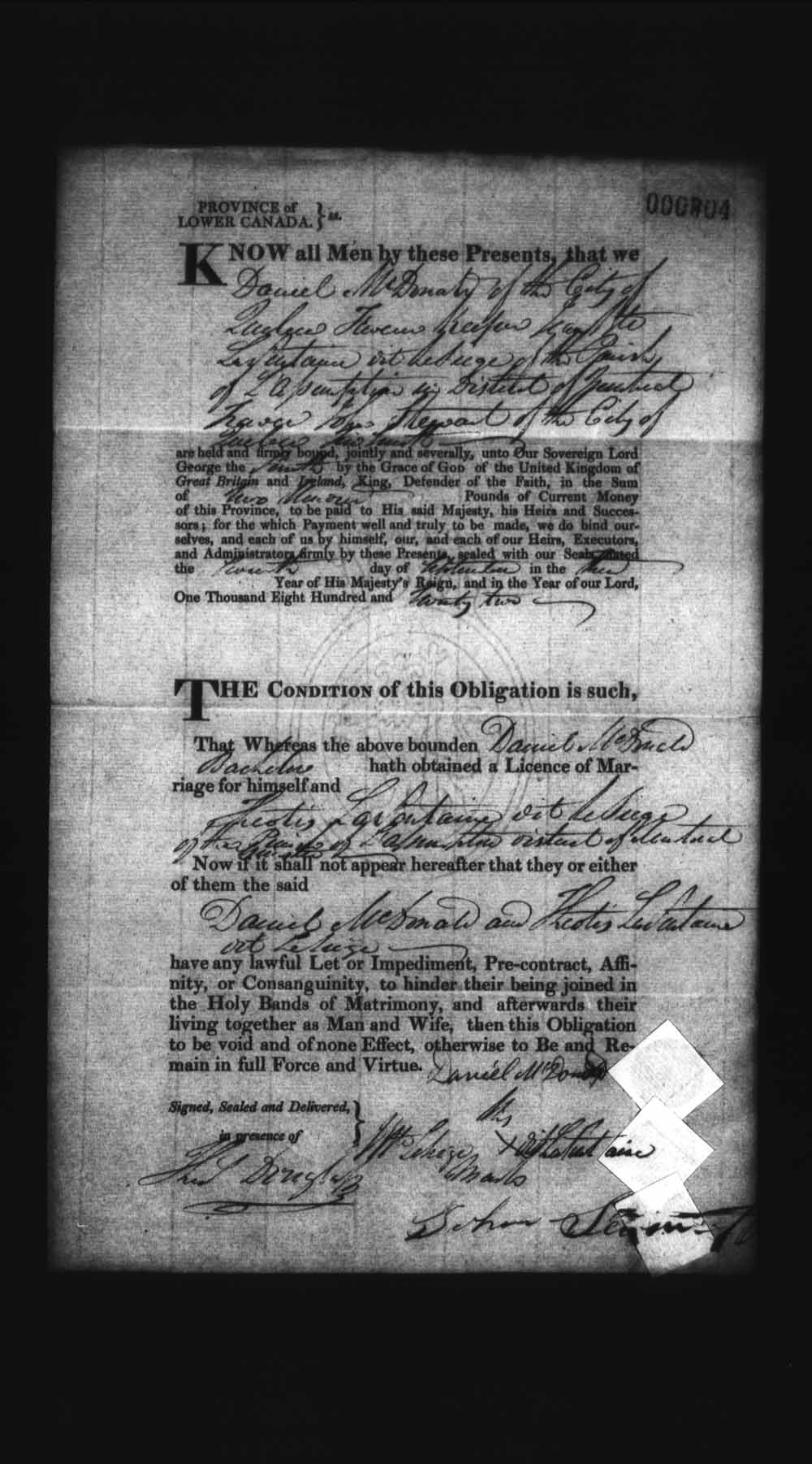 Digitized page of Upper and Lower Canada Marriage Bonds (1779-1865) for Image No.: e008236179