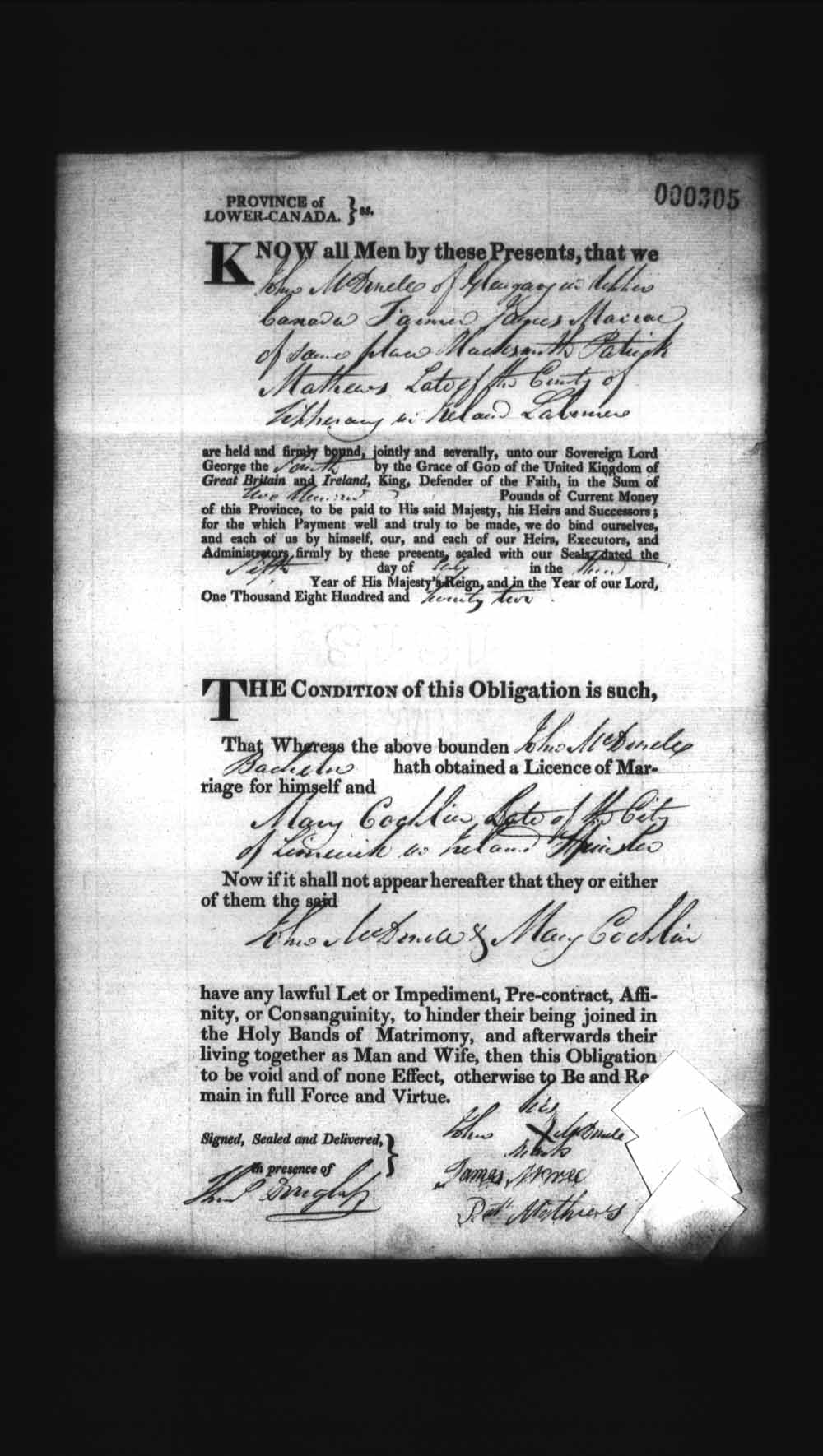 Digitized page of Upper and Lower Canada Marriage Bonds (1779-1865) for Image No.: e008236180