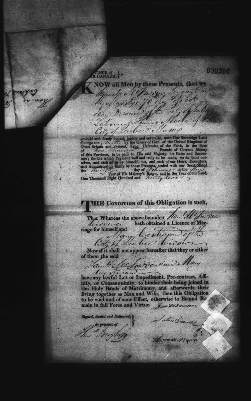 Digitized page of Upper and Lower Canada Marriage Bonds (1779-1865) for Image No.: e008236182
