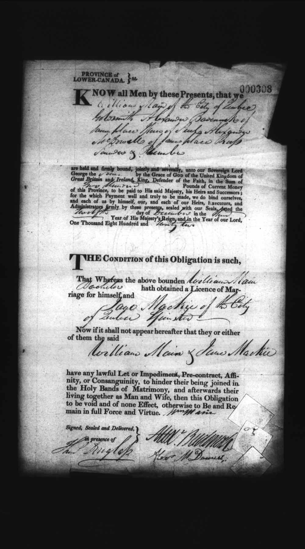 Digitized page of Upper and Lower Canada Marriage Bonds (1779-1865) for Image No.: e008236184