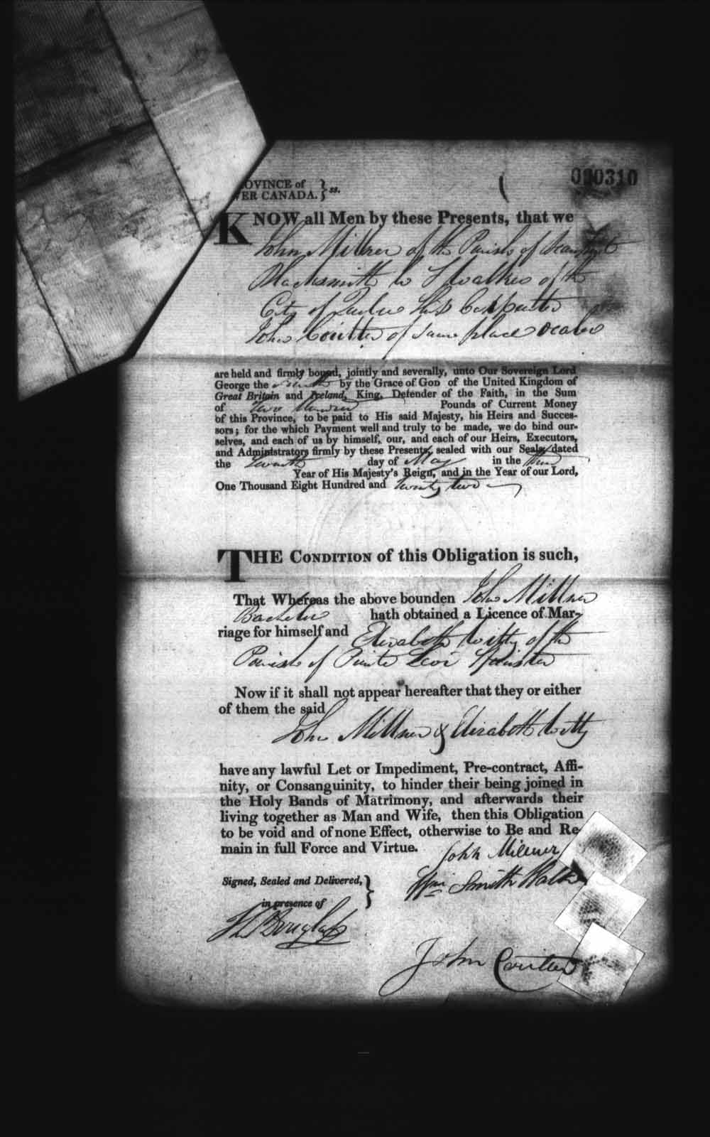 Page numérisé de Cautionnements de mariages pour le Haut-Canada et le Bas-Canada (1779-1865) pour l'image numéro: e008236187
