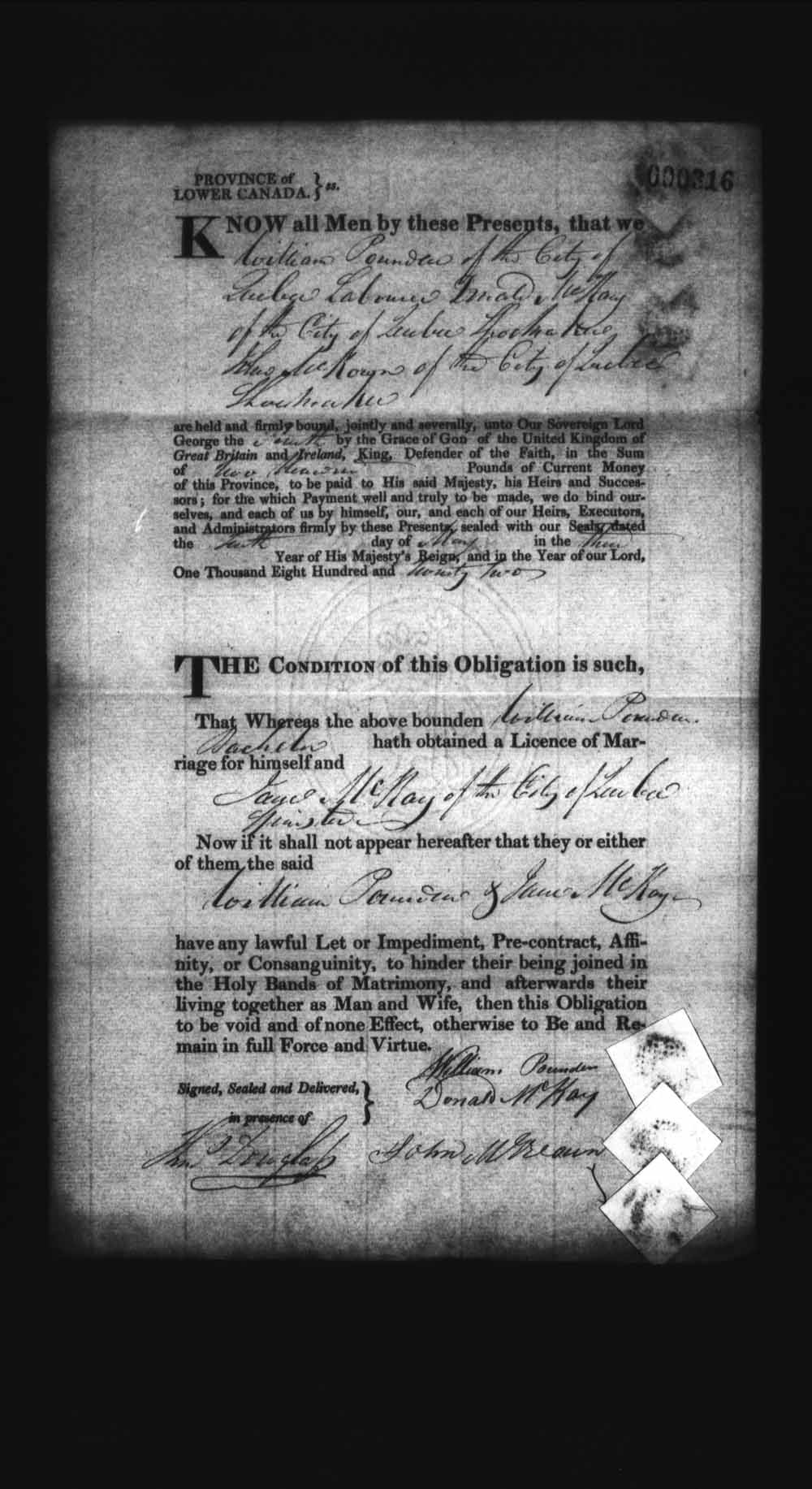 Digitized page of Upper and Lower Canada Marriage Bonds (1779-1865) for Image No.: e008236194