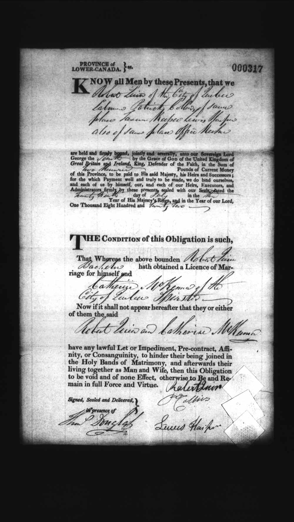 Digitized page of Upper and Lower Canada Marriage Bonds (1779-1865) for Image No.: e008236195