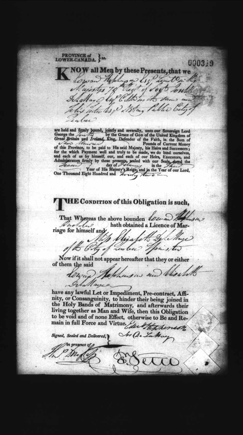 Digitized page of Upper and Lower Canada Marriage Bonds (1779-1865) for Image No.: e008236197