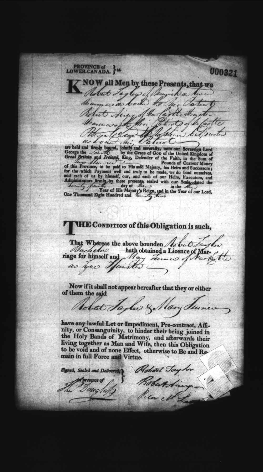 Digitized page of Upper and Lower Canada Marriage Bonds (1779-1865) for Image No.: e008236199