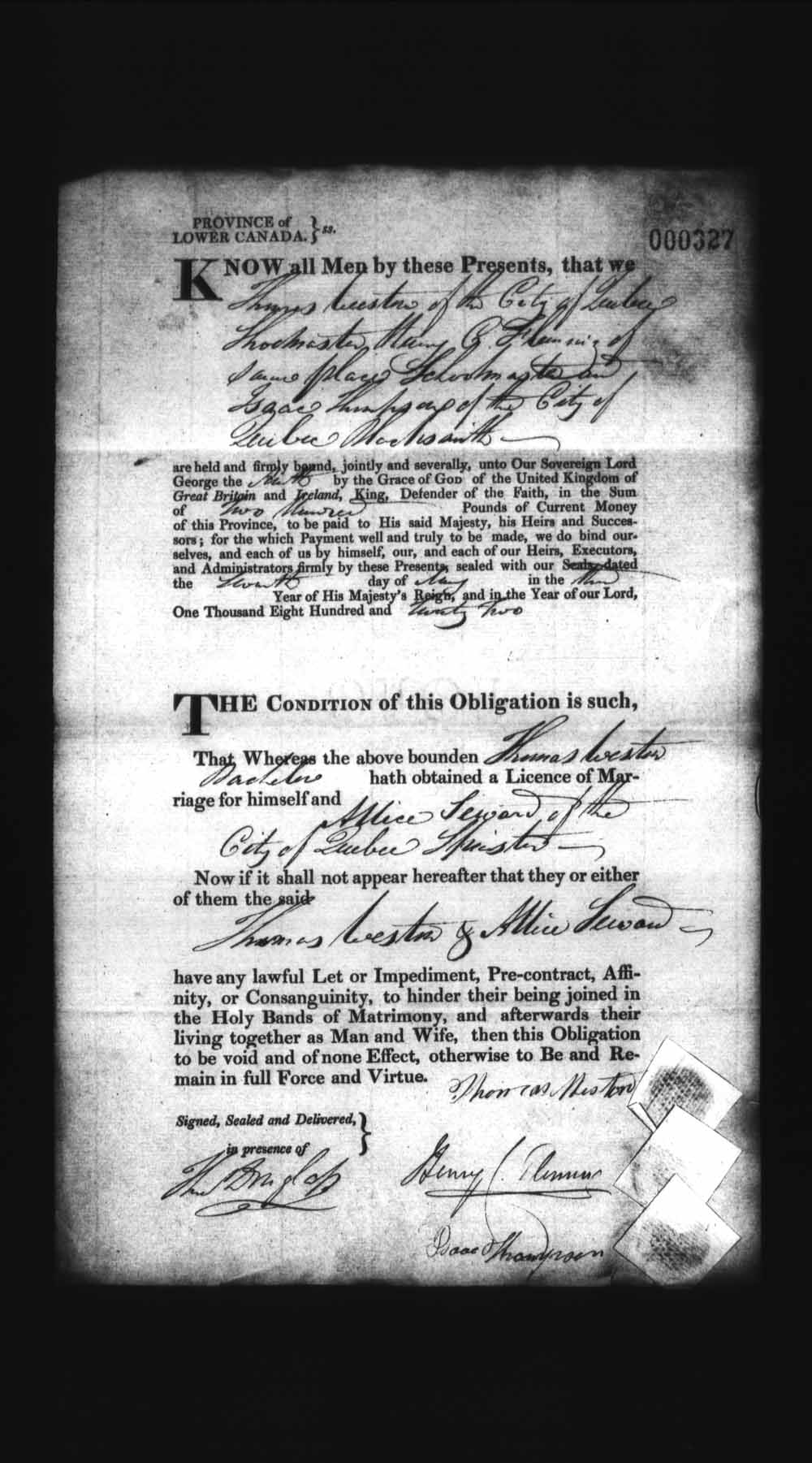 Digitized page of Upper and Lower Canada Marriage Bonds (1779-1865) for Image No.: e008236209