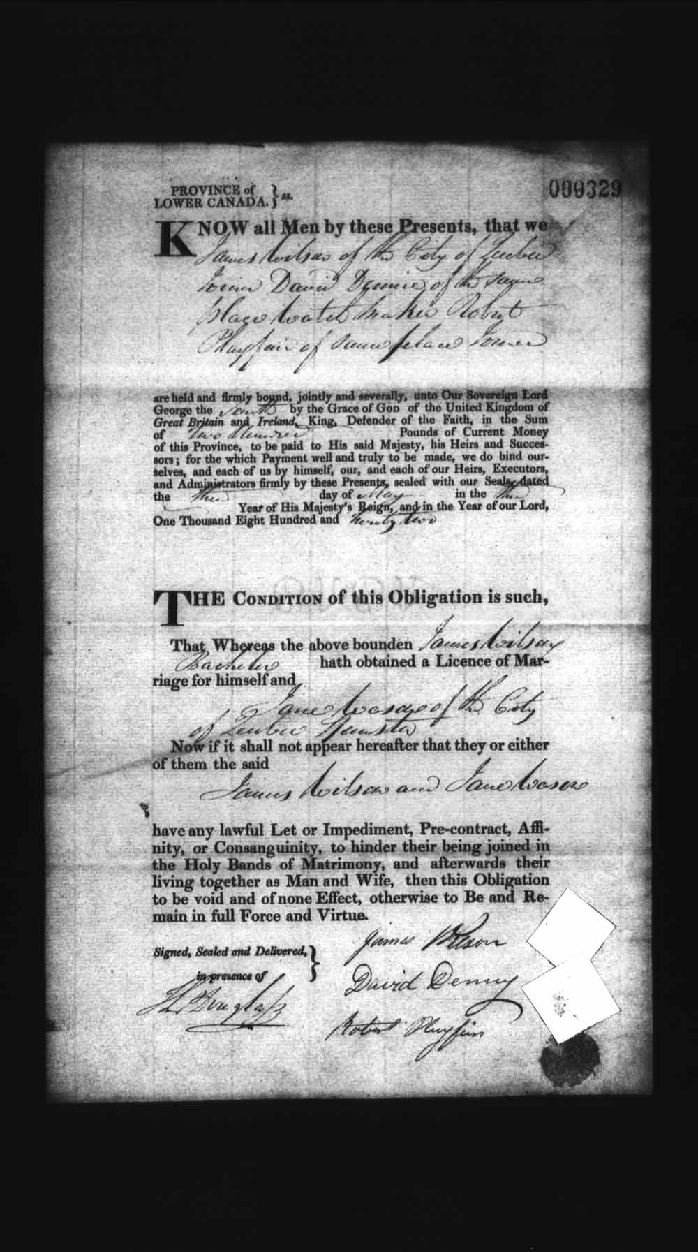 Digitized page of Upper and Lower Canada Marriage Bonds (1779-1865) for Image No.: e008236211
