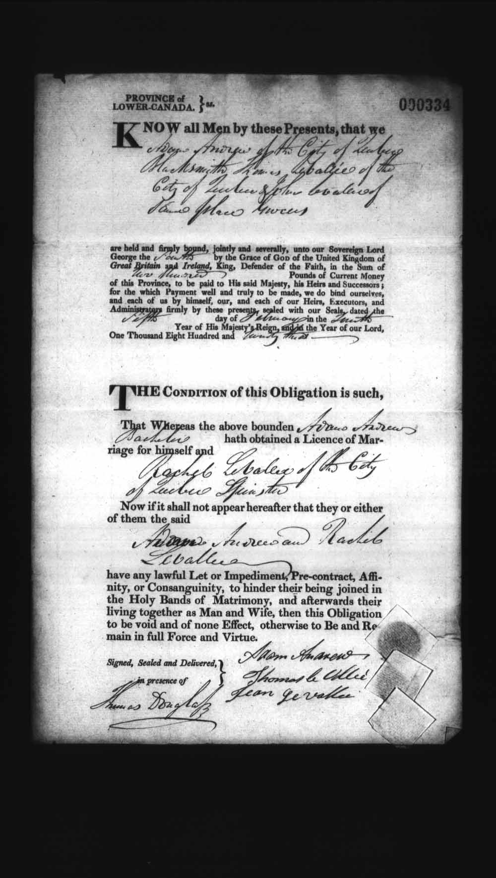 Digitized page of Upper and Lower Canada Marriage Bonds (1779-1865) for Image No.: e008236219