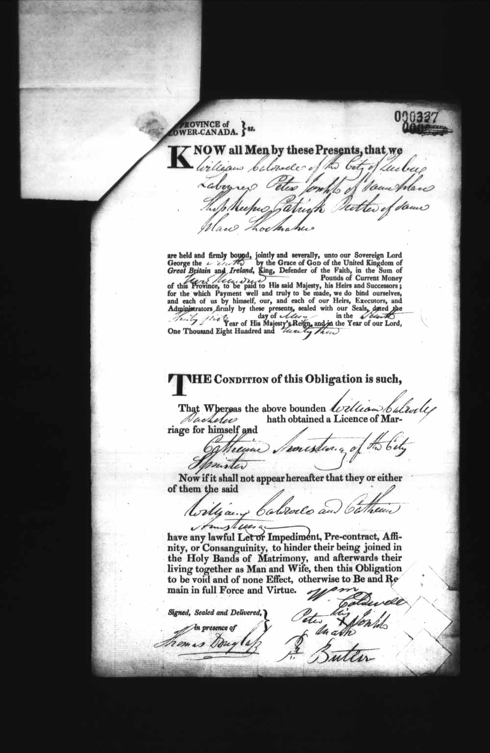 Page numérisé de Cautionnements de mariages pour le Haut-Canada et le Bas-Canada (1779-1865) pour l'image numéro: e008236224