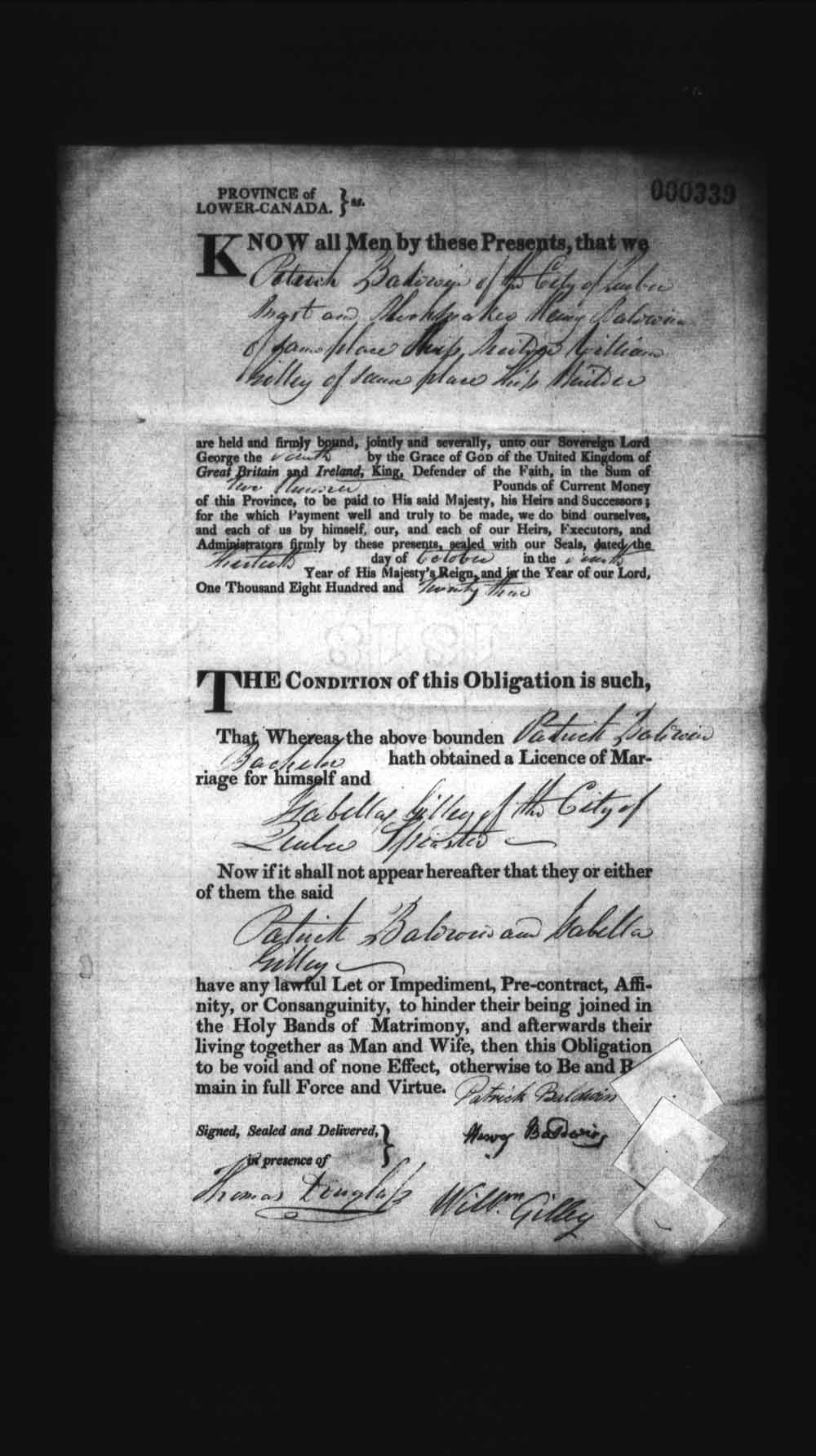 Digitized page of Upper and Lower Canada Marriage Bonds (1779-1865) for Image No.: e008236226