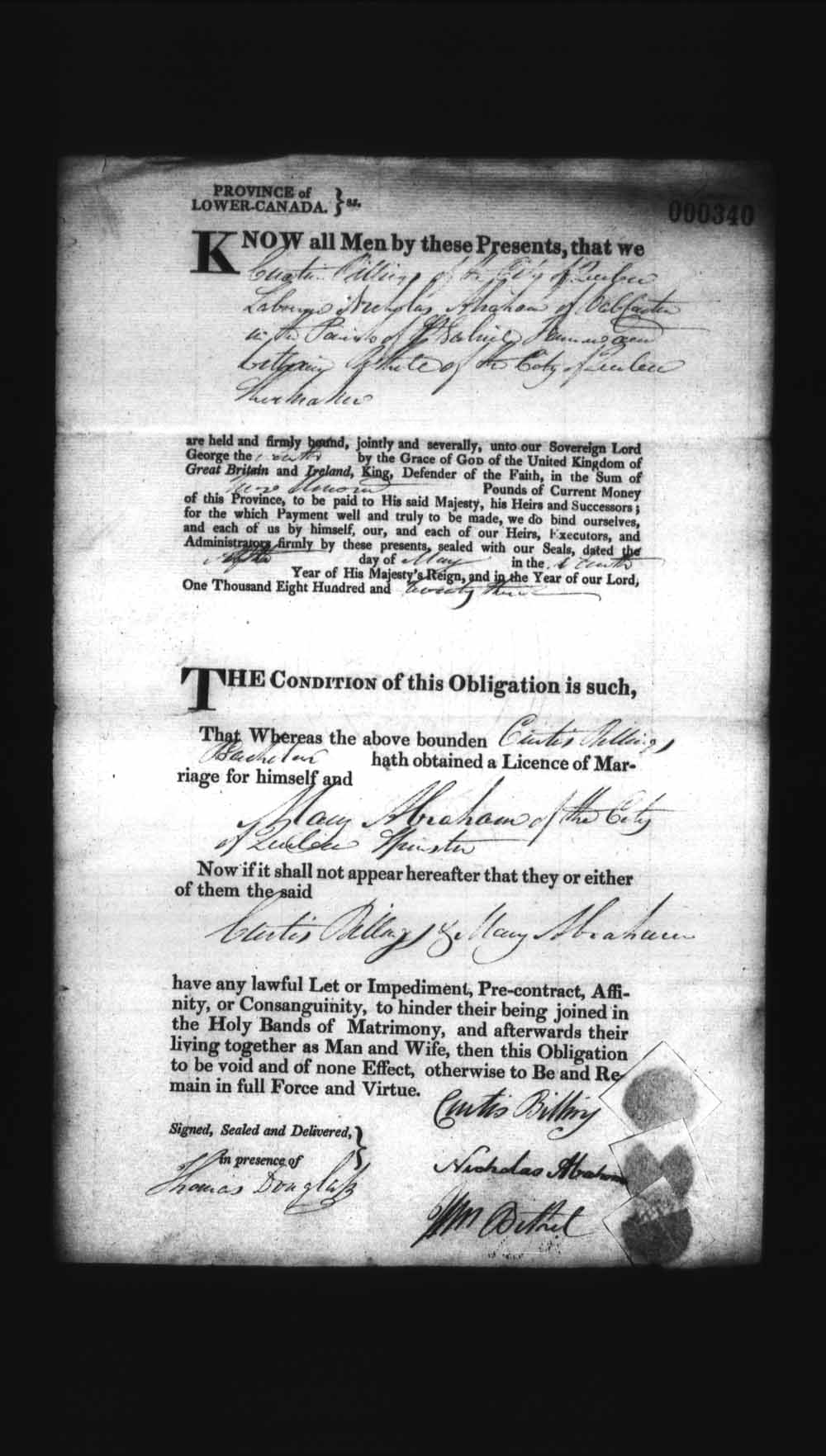 Digitized page of Upper and Lower Canada Marriage Bonds (1779-1865) for Image No.: e008236227