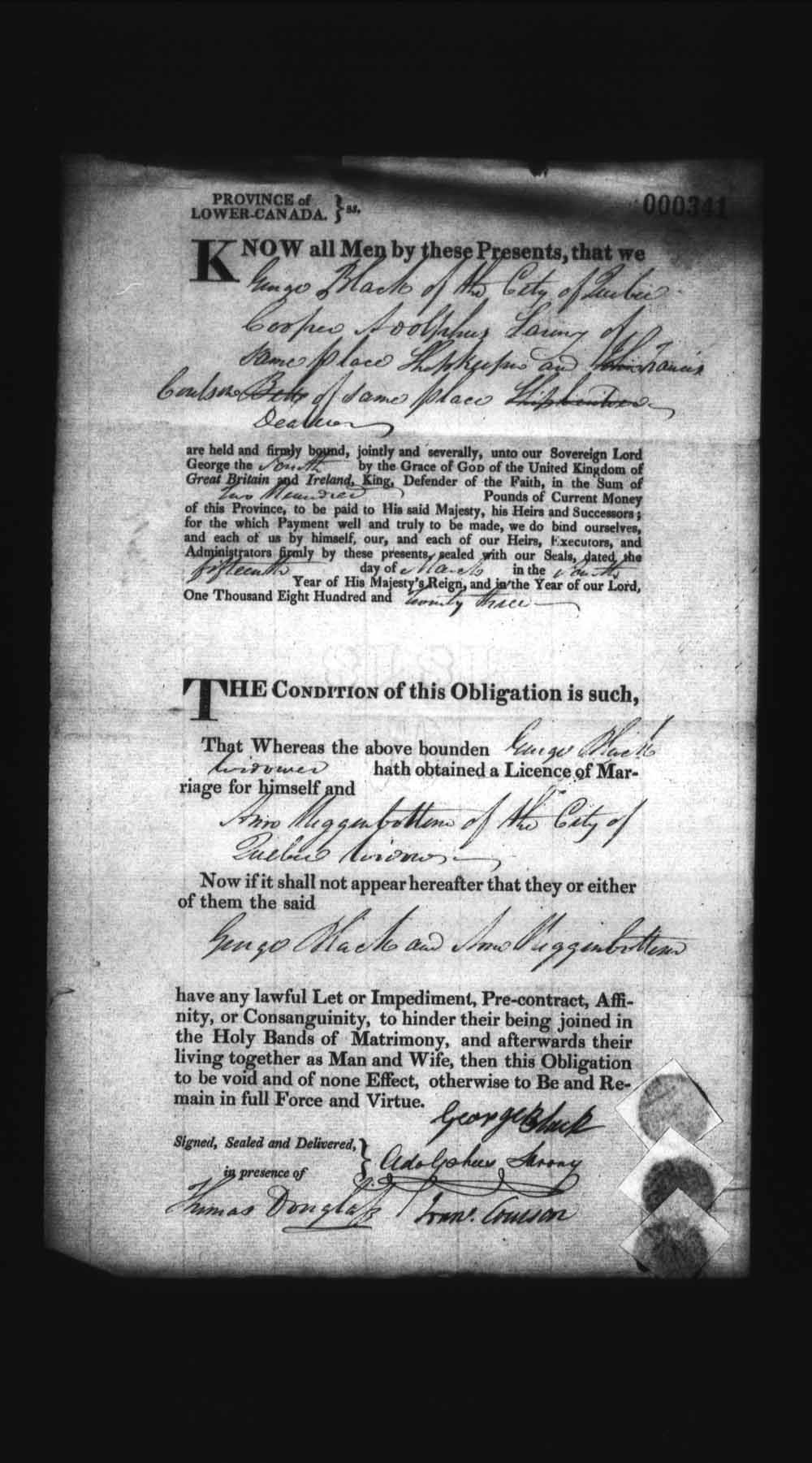 Page numérisé de Cautionnements de mariages pour le Haut-Canada et le Bas-Canada (1779-1865) pour l'image numéro: e008236228