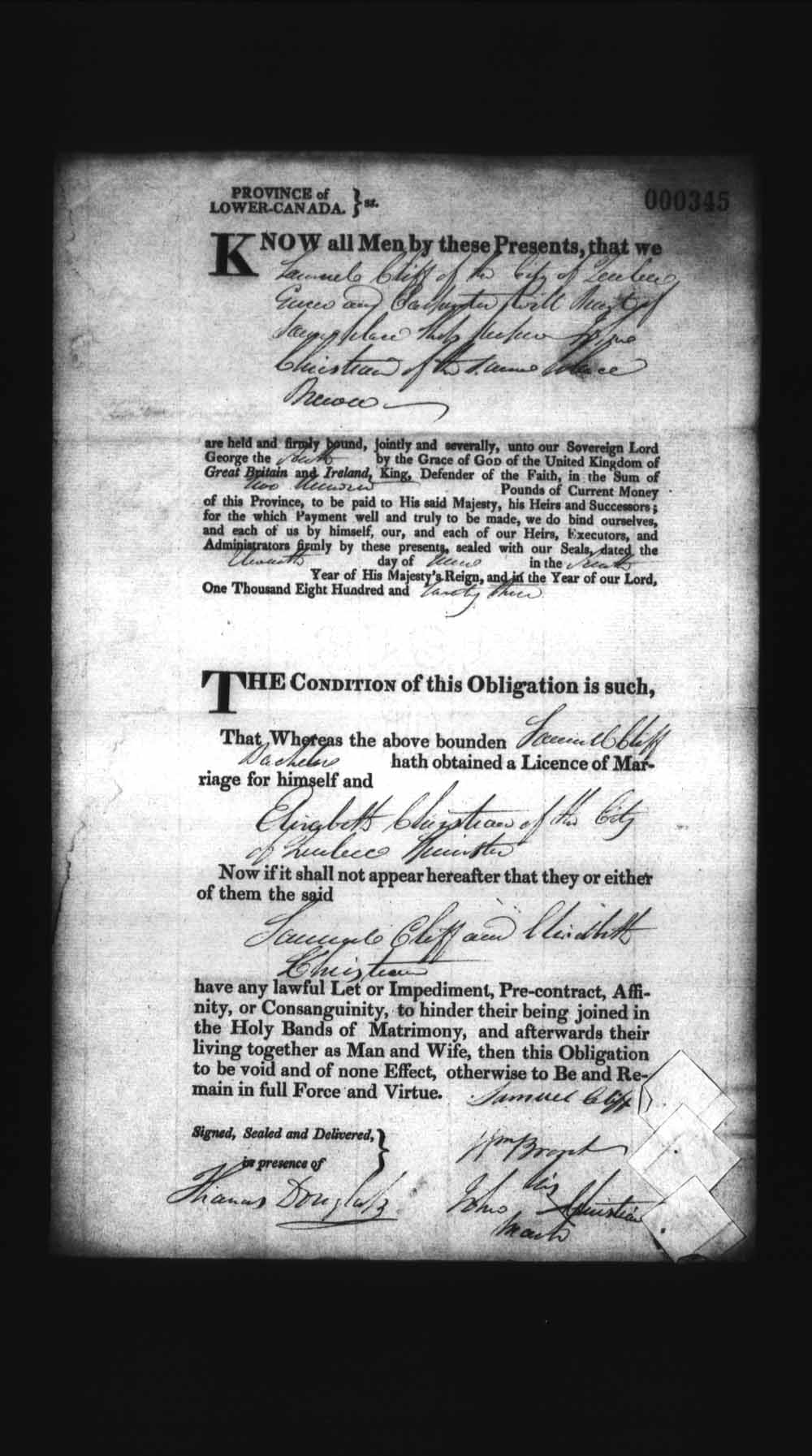 Digitized page of Upper and Lower Canada Marriage Bonds (1779-1865) for Image No.: e008236232