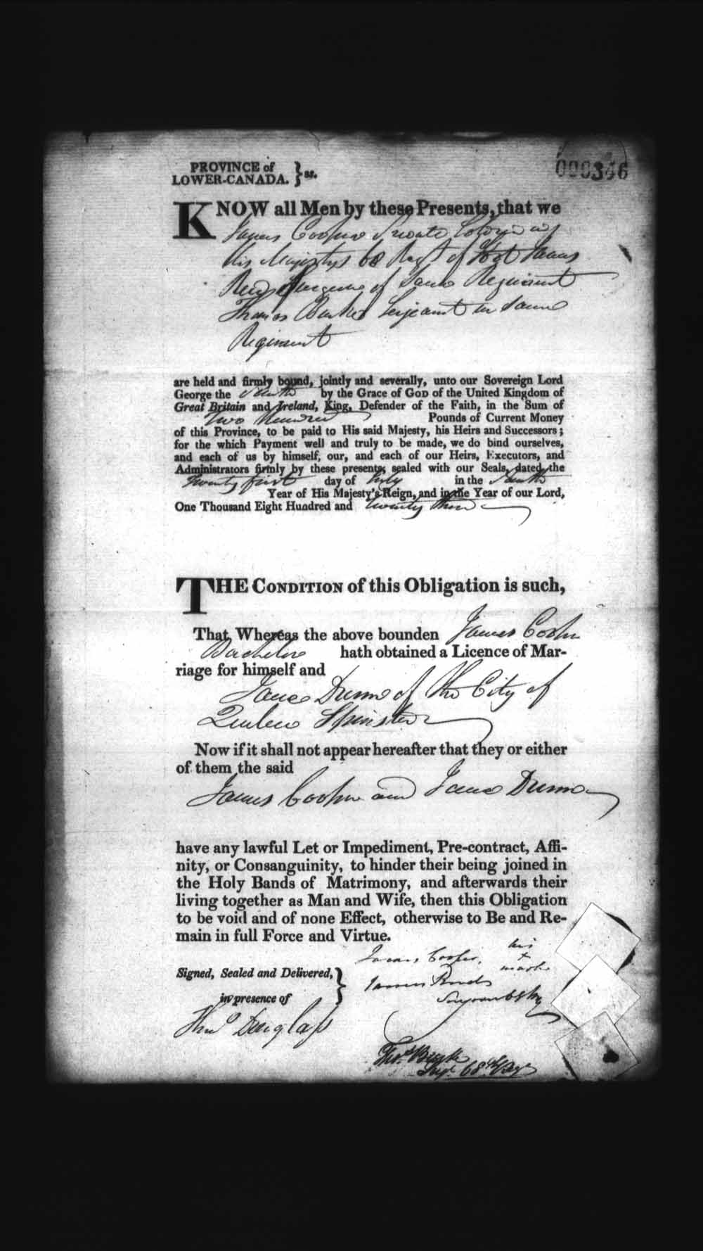 Digitized page of Upper and Lower Canada Marriage Bonds (1779-1865) for Image No.: e008236233