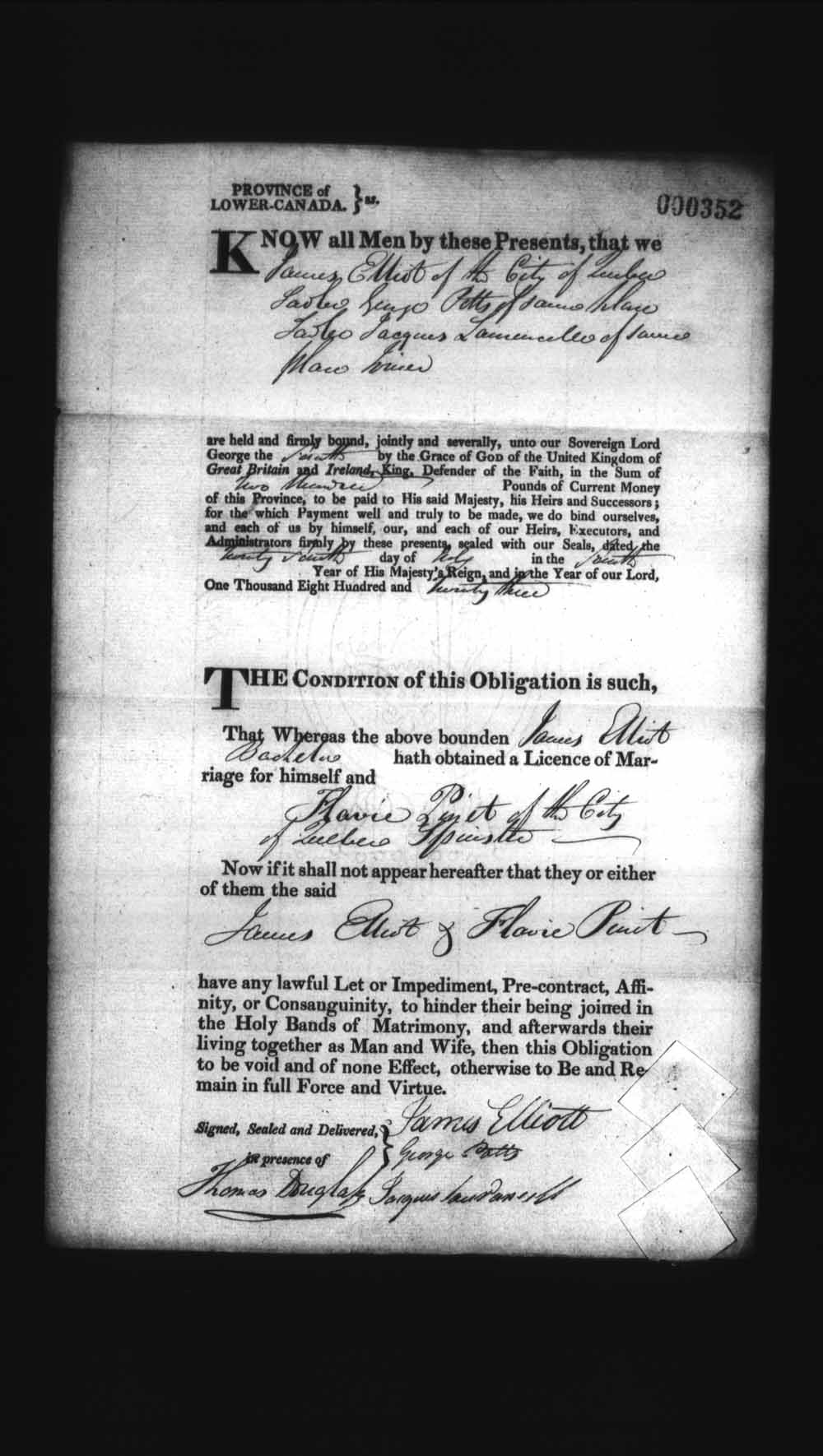 Digitized page of Upper and Lower Canada Marriage Bonds (1779-1865) for Image No.: e008236240