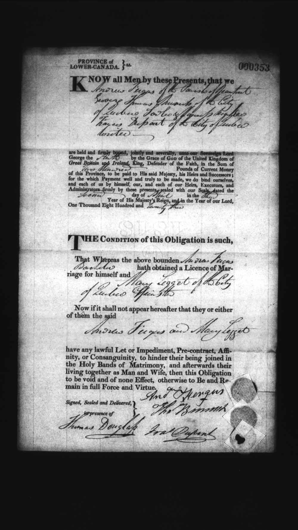 Digitized page of Upper and Lower Canada Marriage Bonds (1779-1865) for Image No.: e008236241