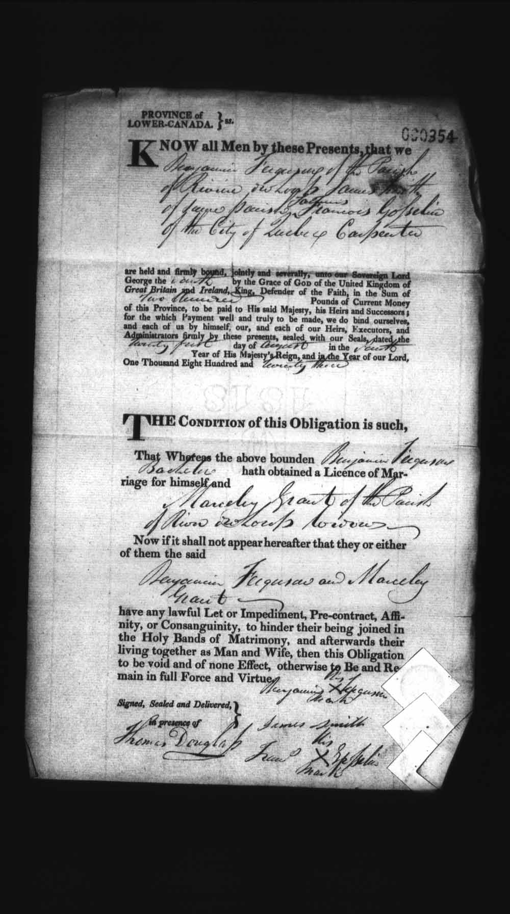Digitized page of Upper and Lower Canada Marriage Bonds (1779-1865) for Image No.: e008236242
