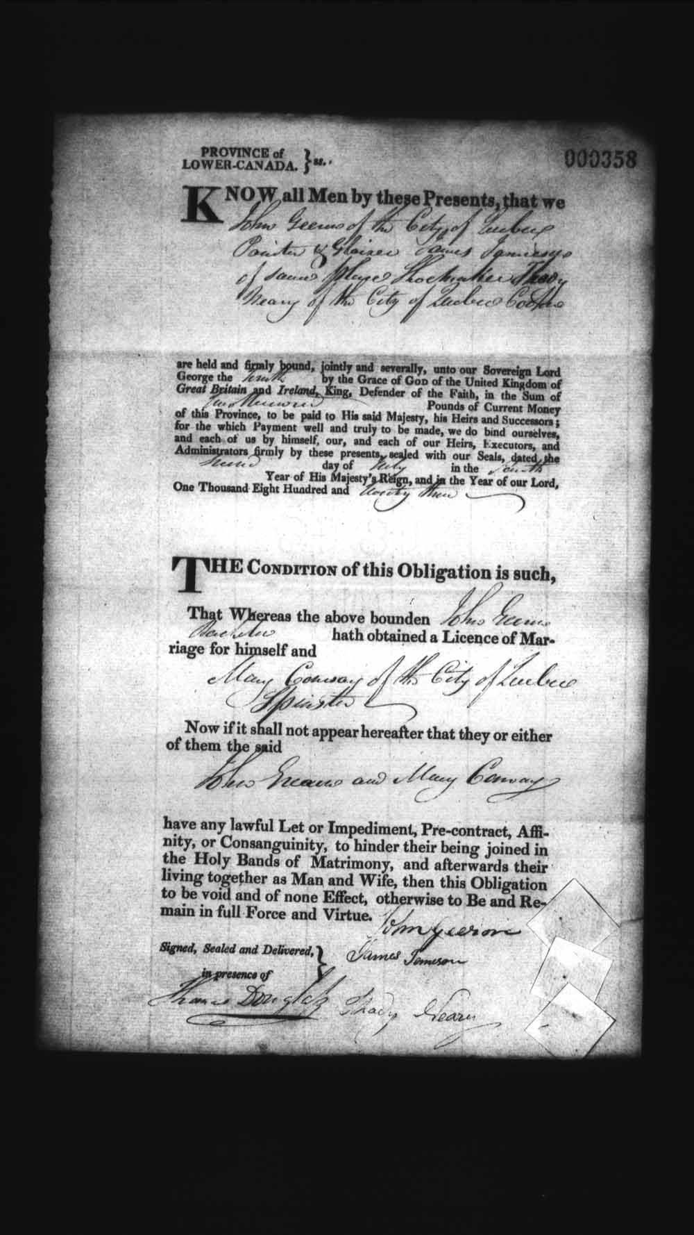 Digitized page of Upper and Lower Canada Marriage Bonds (1779-1865) for Image No.: e008236246