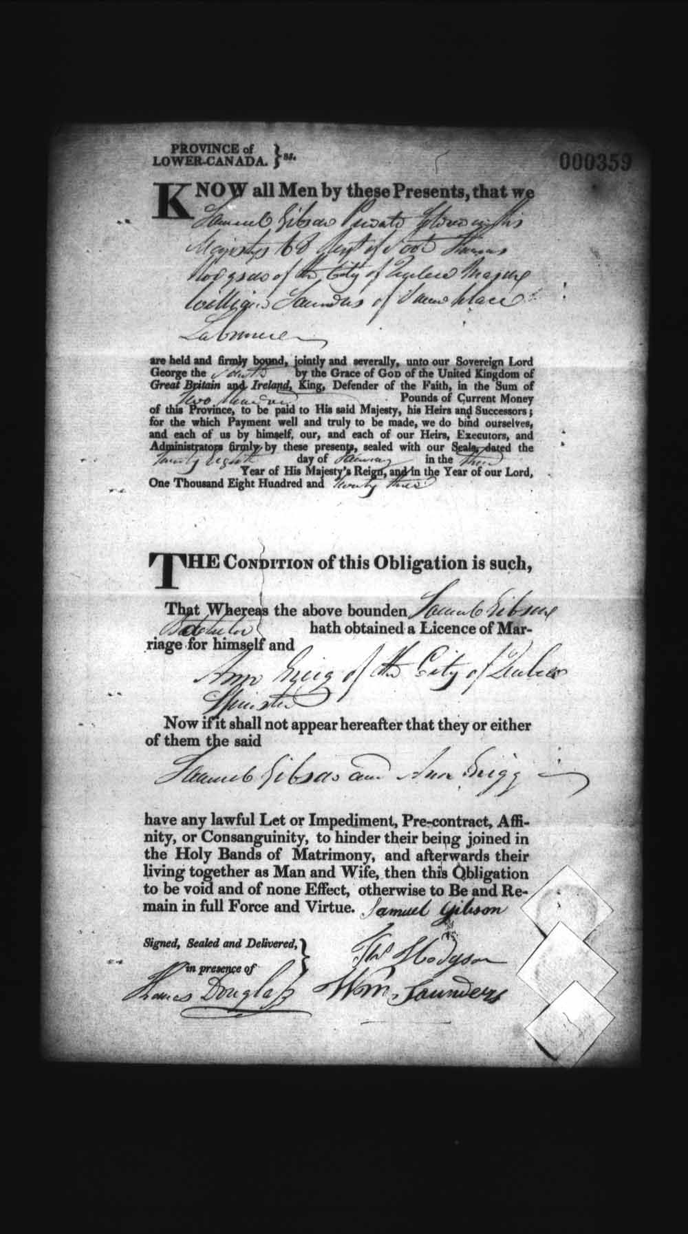 Digitized page of Upper and Lower Canada Marriage Bonds (1779-1865) for Image No.: e008236247