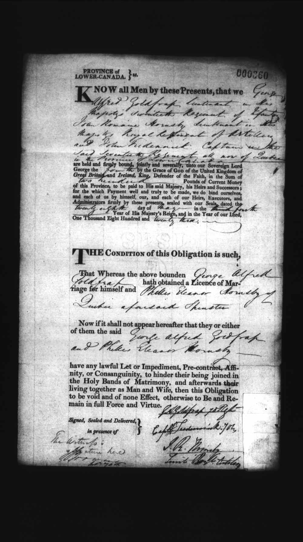 Digitized page of Upper and Lower Canada Marriage Bonds (1779-1865) for Image No.: e008236248