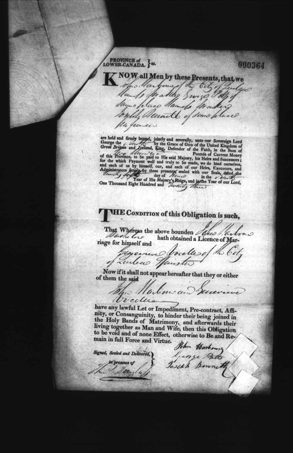 Page numérisé de Cautionnements de mariages pour le Haut-Canada et le Bas-Canada (1779-1865) pour l'image numéro: e008236253