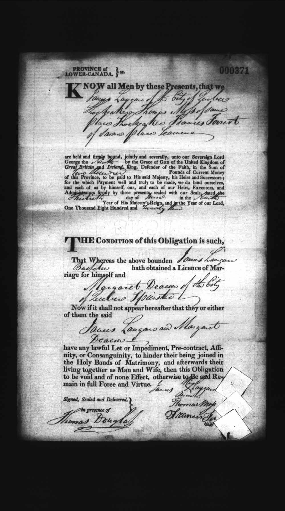 Digitized page of Upper and Lower Canada Marriage Bonds (1779-1865) for Image No.: e008236261