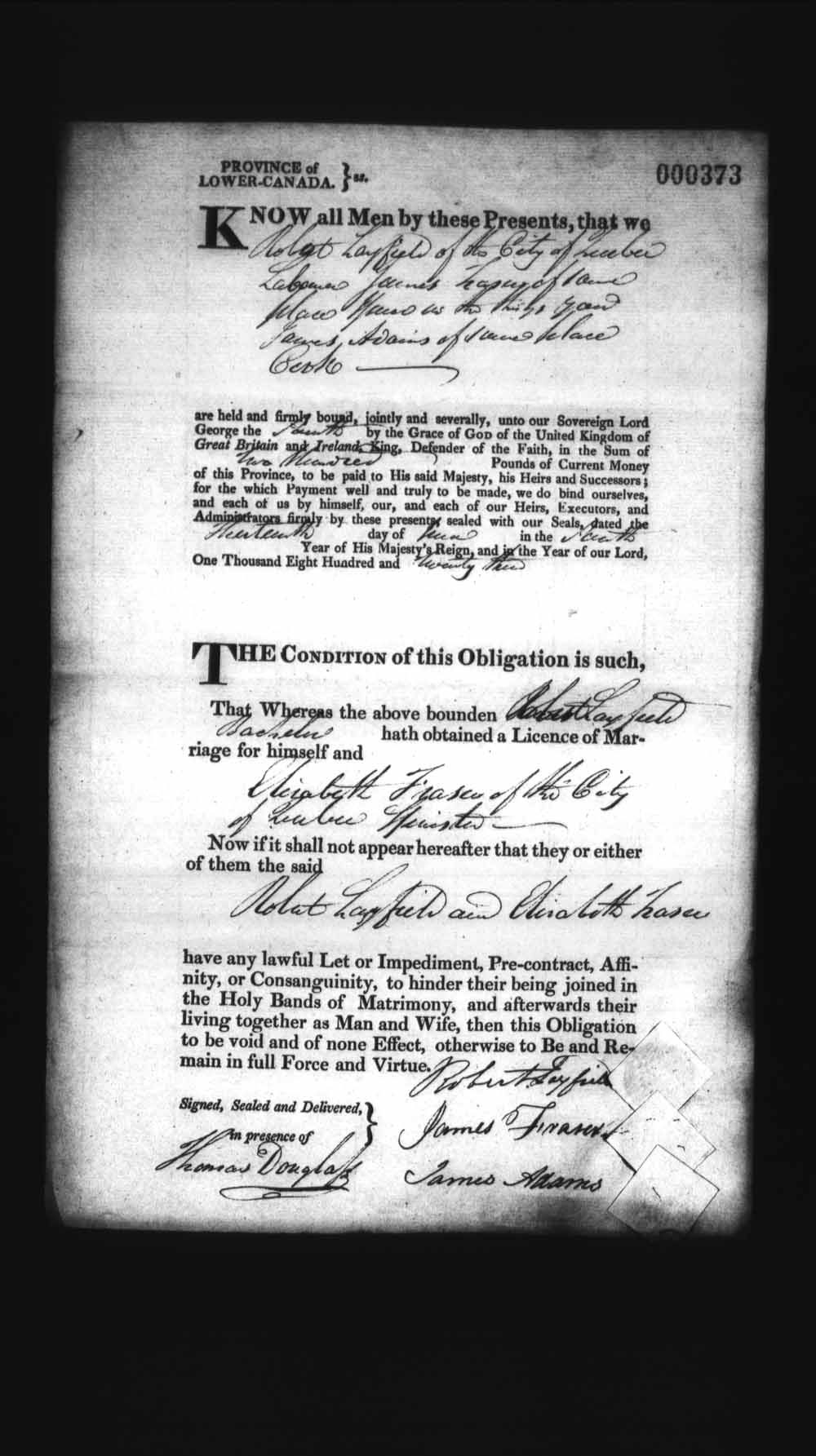 Digitized page of Upper and Lower Canada Marriage Bonds (1779-1865) for Image No.: e008236264