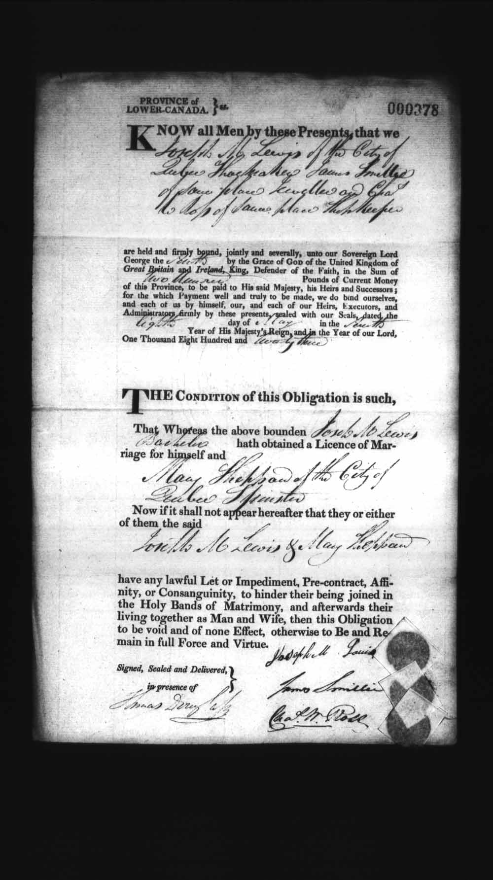 Digitized page of Upper and Lower Canada Marriage Bonds (1779-1865) for Image No.: e008236269