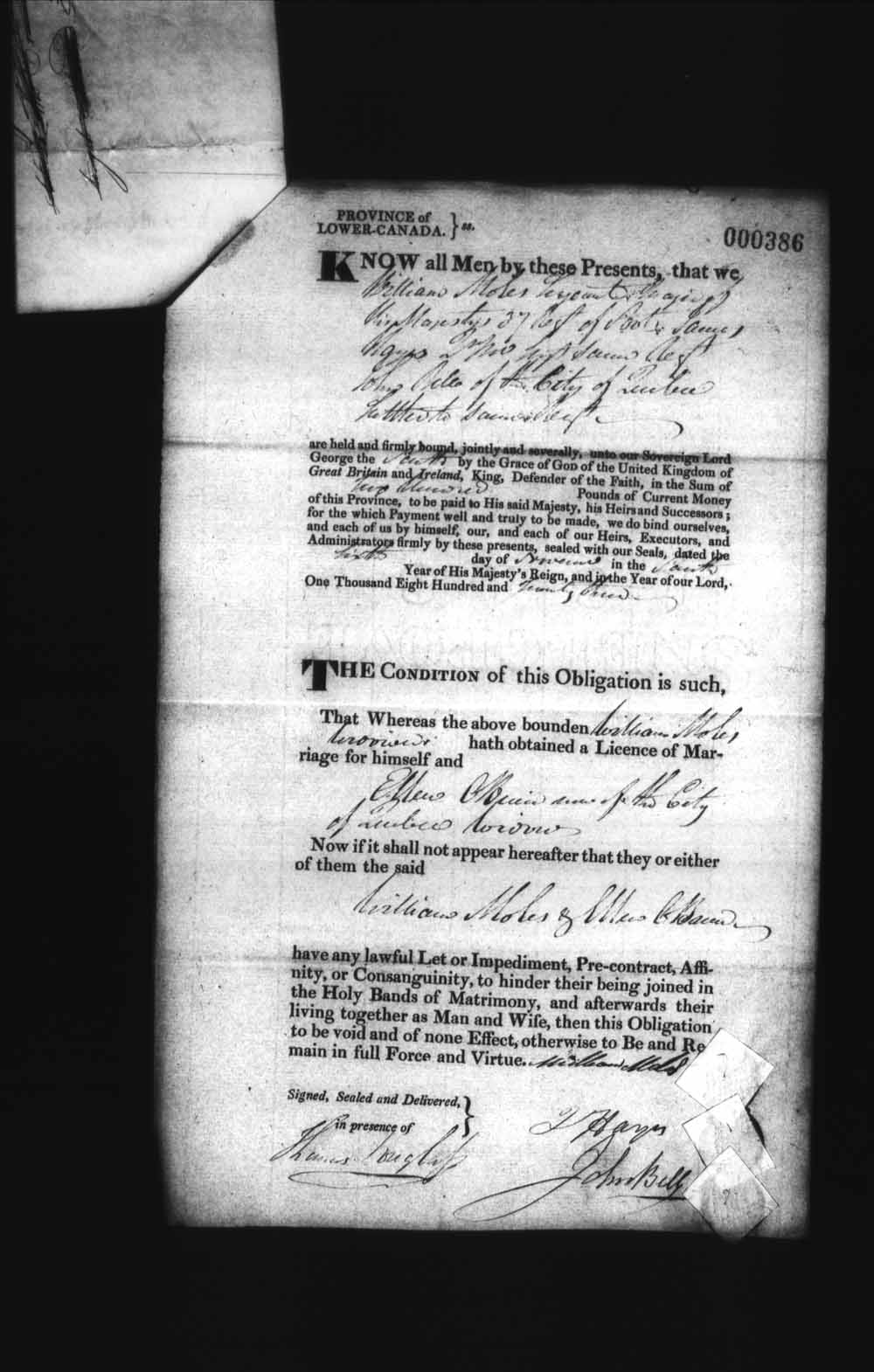 Digitized page of Upper and Lower Canada Marriage Bonds (1779-1865) for Image No.: e008236280